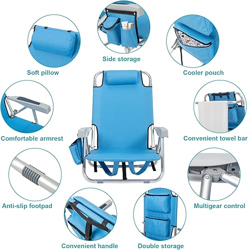 Miniatura 6 de Vasitelan Sillas de playa tipo mochila, sillas de camping portátiles con soporte para tazas, sillas reclinables de 5 posiciones para tomar el sol,