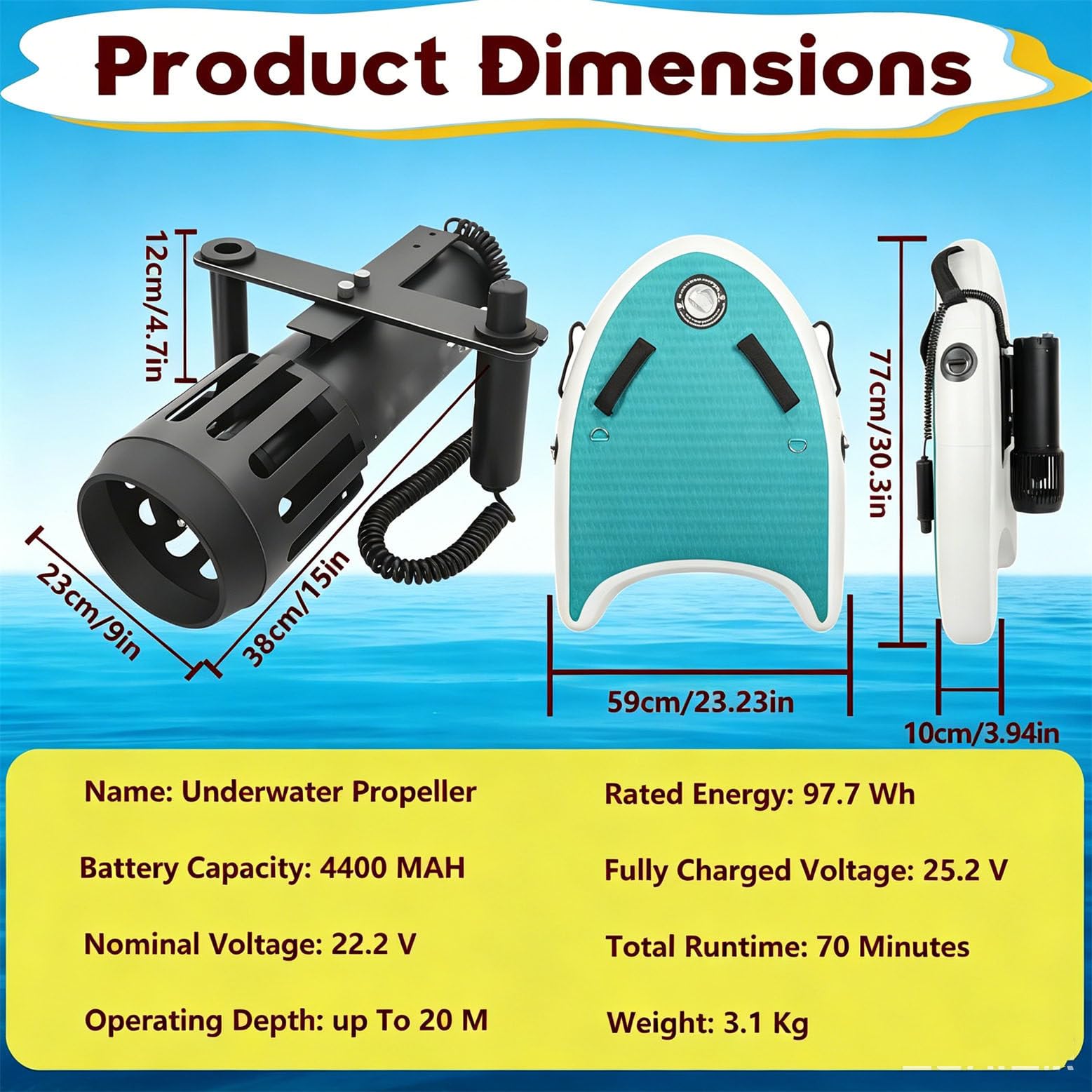 Scooter de Buceo 7000mAh 700W, Scooter Submarino para Adultos hasta 30 m de Profundidad 6,4 km/h, hélice eléctrica subacuática para Snorkel y Buceo WithPaddles