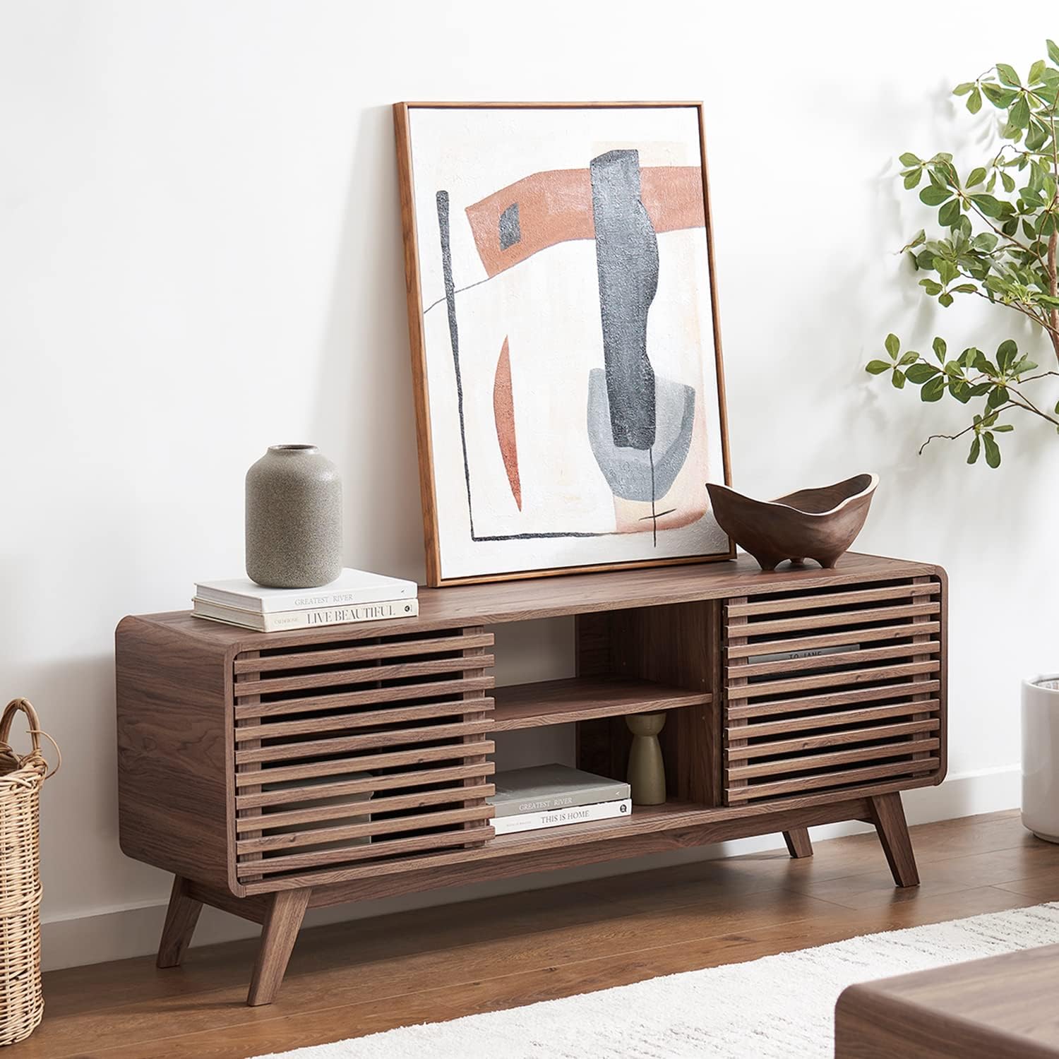 mopio Ensley 59" Tall TV Stand with Slatted Door, Mid Century Modern Entertainment Center for 55-65 inch TV, Farmhouse Media Console with Storage, Adjustable Shelves, Round Edges, Living Room (Walnut)