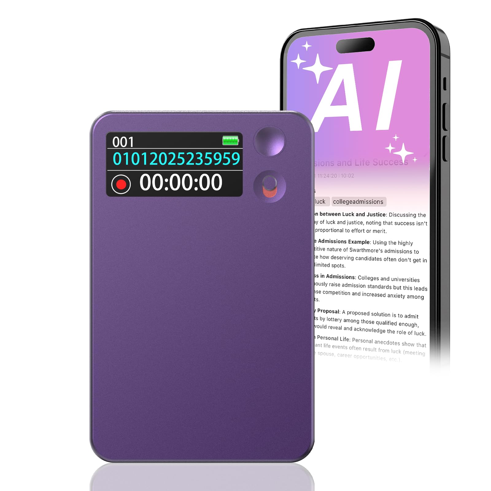 KI Digitales Diktiergerät - App-Steuerung, Transkription & Zusammenfassung mit AI-Technologie, 64GB Speicher, Audio-Recorder für Vorträge, Meetings, Anrufe,Violett