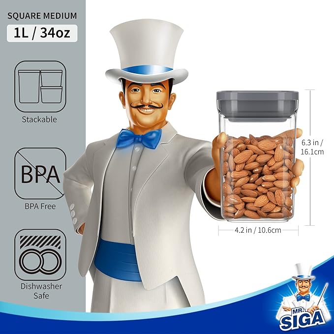 With a space-saving stackable design, these MR.SIGA containers maximize your cabinet storage, helping maintain a tidy and well-organized pantry. The rectangular shape provides an easy grip and is more practical for stacking and carrying compared to round alternatives. Embodying MR.SIGA's mission to make housework easier and the world cleaner, these containers come with a full refund guarantee for your complete satisfaction. For any support or advice, the MR.SIGA team is always ready to assist, making your experience as seamless as possible.