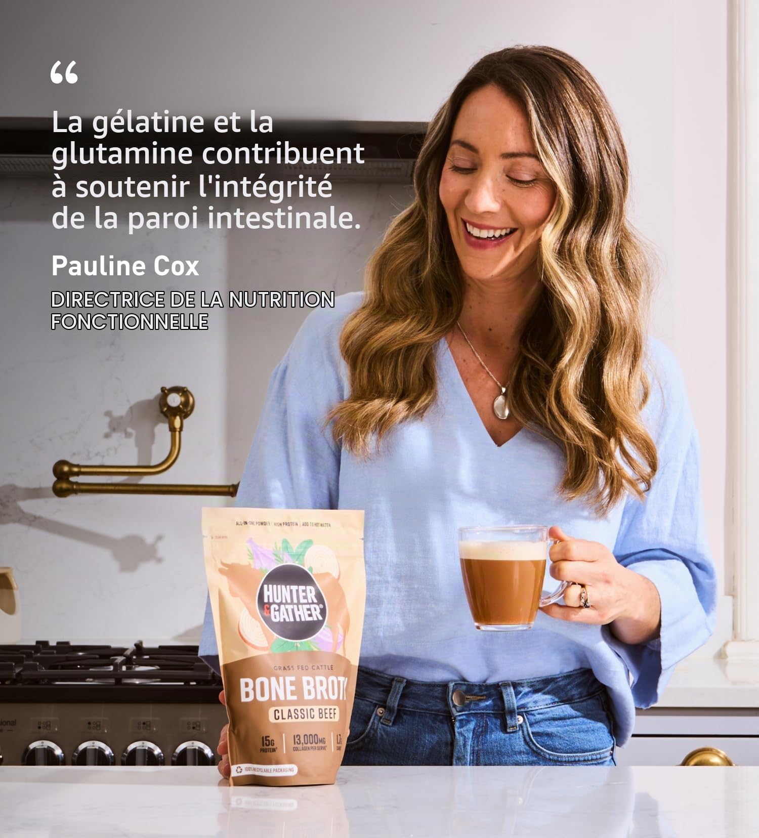 Hunter & Gather Bouillon d’Os de Bœuf en Poudre 400 g | 15 g de Protéines & Collagène de Bœufs Européens Nourris à l’Herbe | Instantané, Sans Gluten | Prêt à l’Emploi | 74 kcal/portion