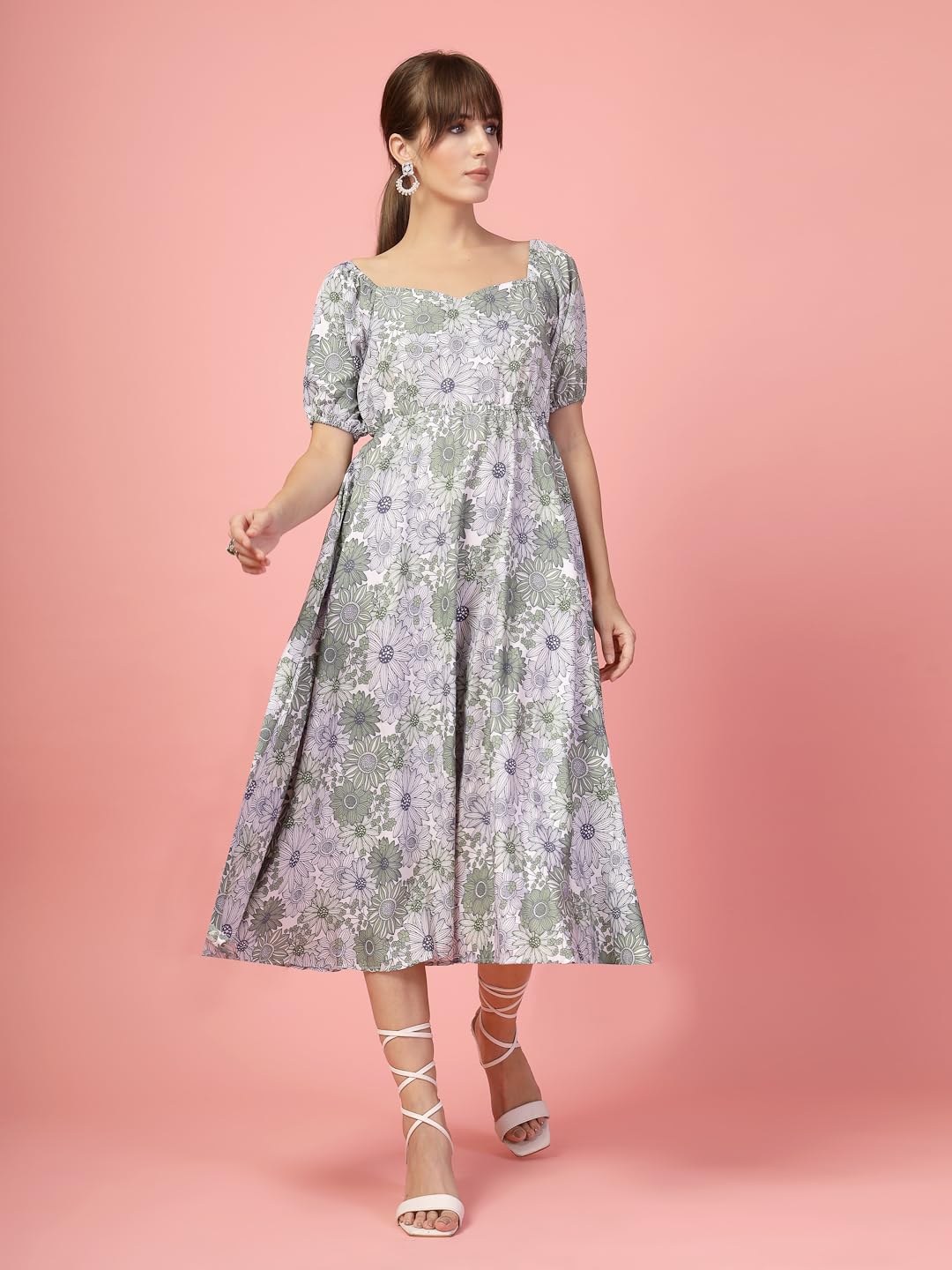 Oomph Flared Dress For Women Stylish | Long One Piece For Women | Puff Sleeve Long Dress | Floral Print Maxi One Piece | Western & Fusion Wear Pear Green