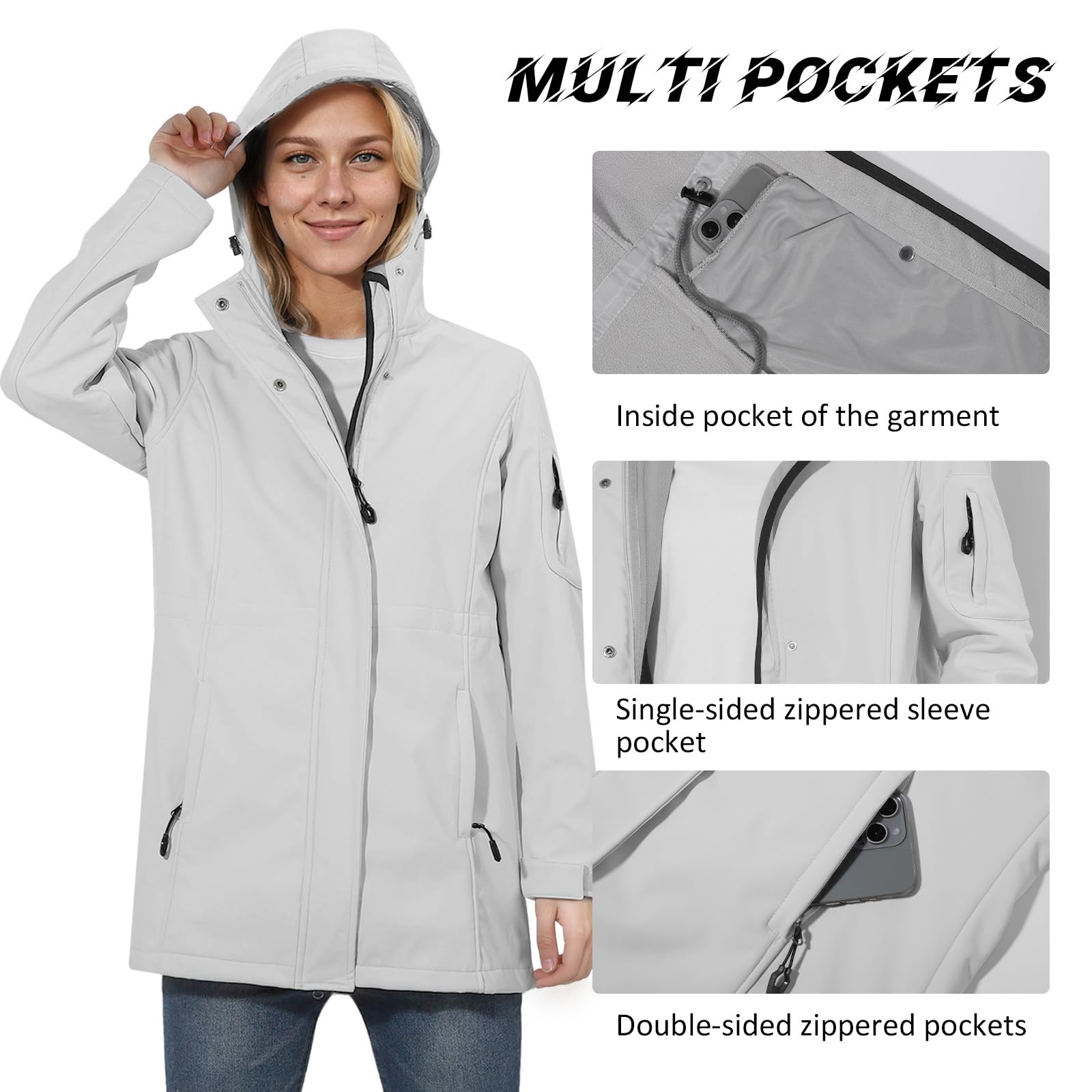 Chaqueta Softshell para mujer, con forro polar, impermeable, cortavientos, cálida, larga, con capucha, para exteriores