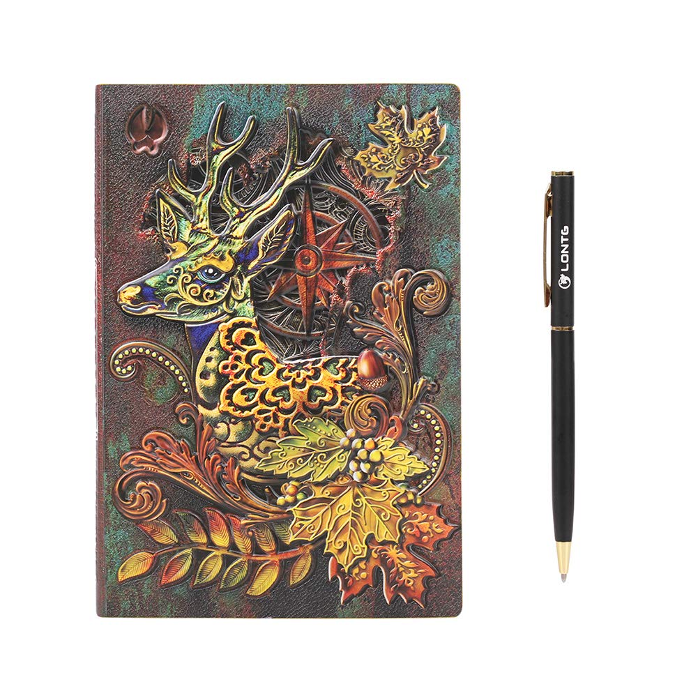 A5 Embossed Leather Journal Notebook Vintage 3D Emboss Deer Pattern Secret Personal Diary Notepad Hardcover Travel Writing Record Book Daily Planner Pad Home Office Supplies Birthday Xmas Gift