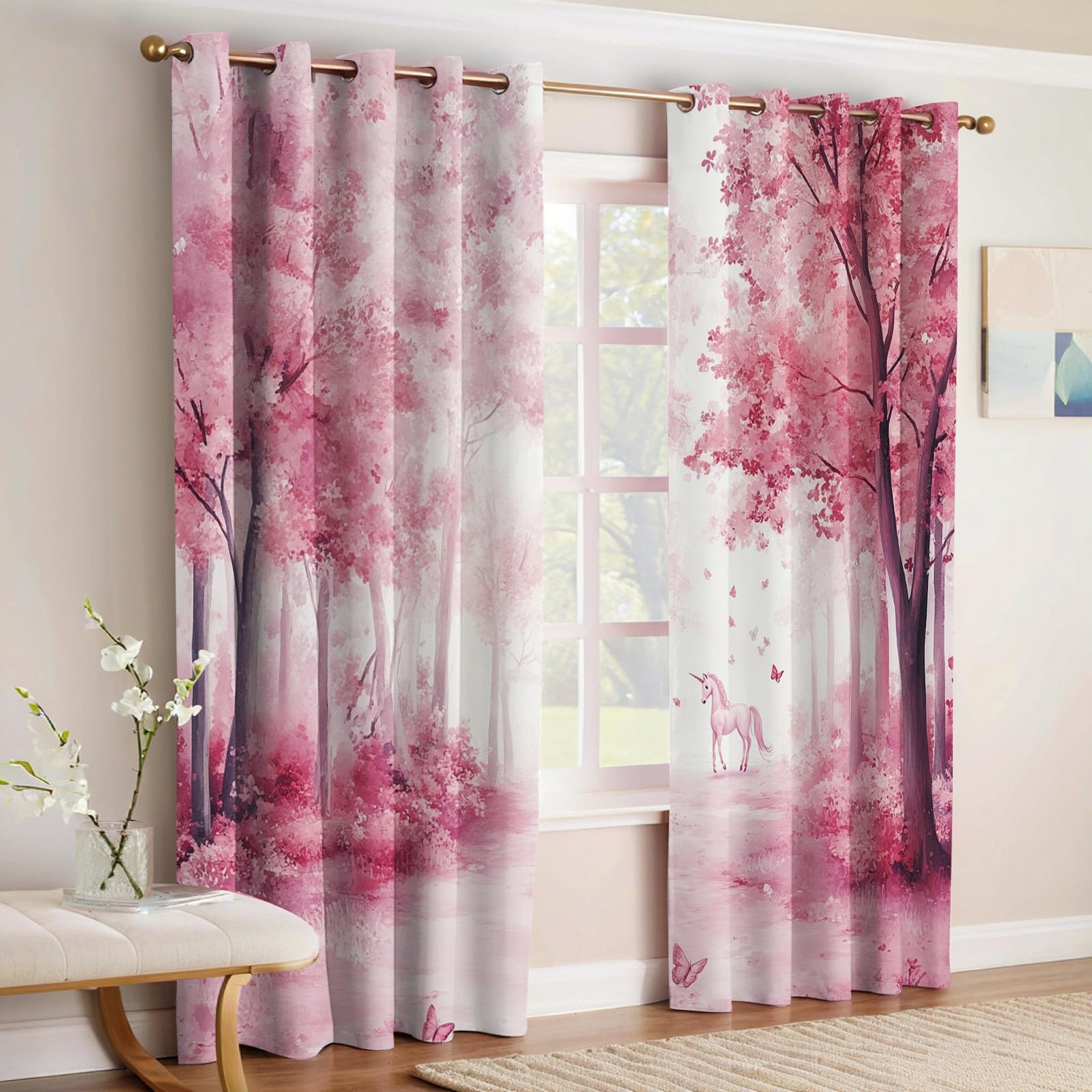 Lot de 2 Rideaux Occultants Phoniques Licorne Thermiques Anti Froid avec Œillets, Opaques Rose Clair pour Chambre Enfant et Salon 140L X 175H cm