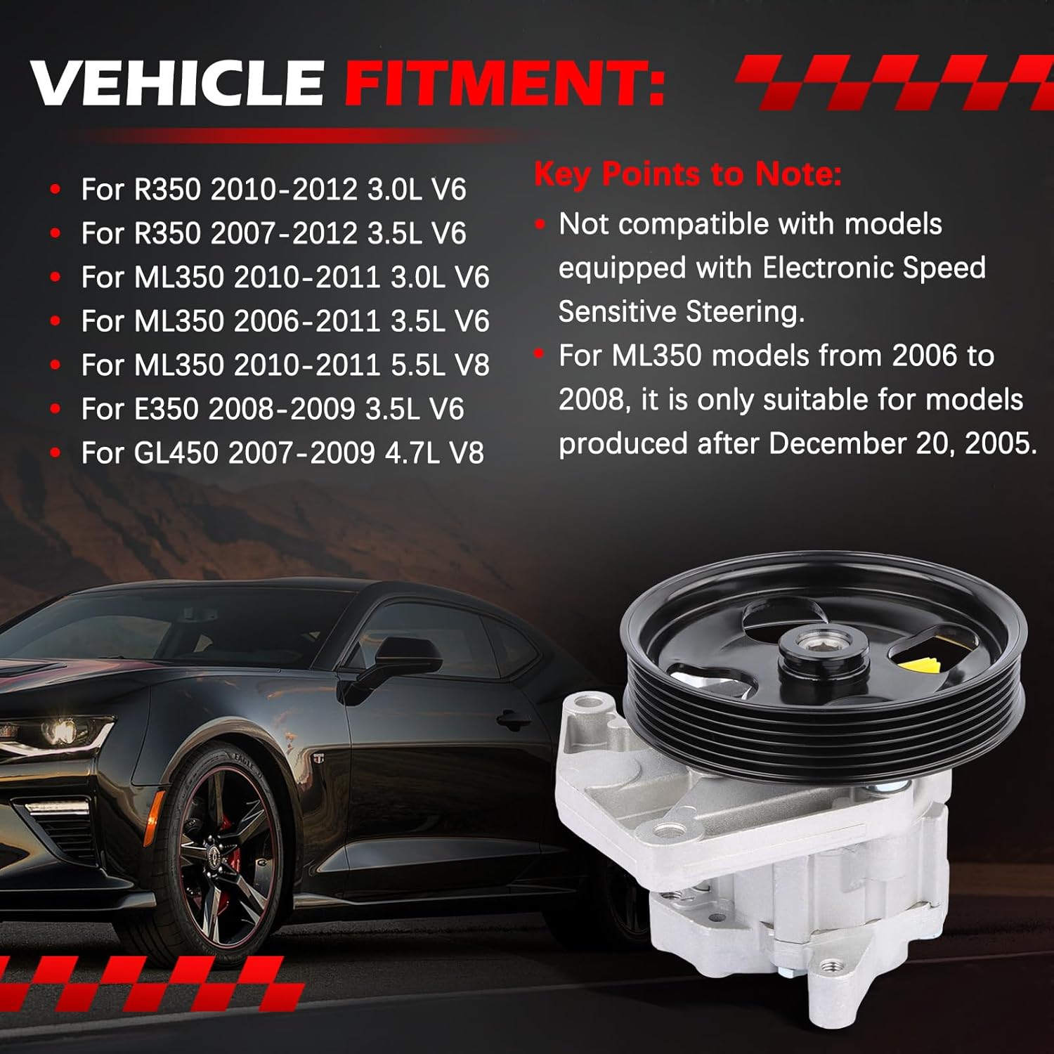 21-120 Power Steering Pump with Pulley, Fit for R350 ML350 E350 GL450, 3.0L 3.5L 4.7L 5.5L, 2007 2008 2009 2010 2011 2012, Power Assist Pump Replace for 21-120, 0054662001, 30-1331