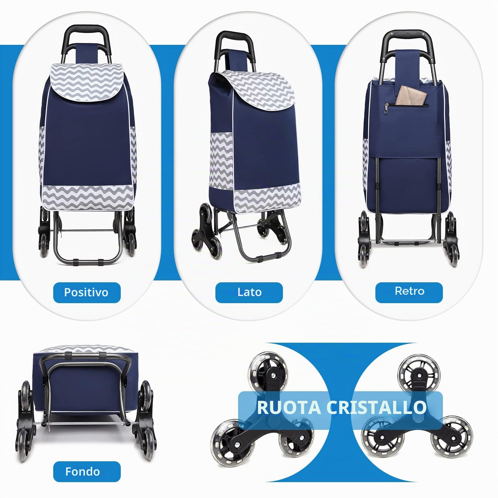 Kono Carrello Spesa 6 Ruotes Carrello Saliscale Pieghevole 2 en 1 Trolley per La Spesa con Borsa Impermeabile Rimovibile (Marina Militare)