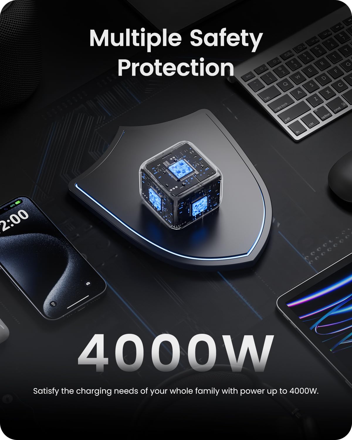 LENCENT Cubo Enchufe USB 7 en 1, Ladron Enchufes 4000W, Cubo Enchufes Múltiples Pared con 3 Tomas de CA, 2 USB-A, 2 Tipo-C y Interruptor, Cargador para Oficina, Cocina y Habitación, Blanco