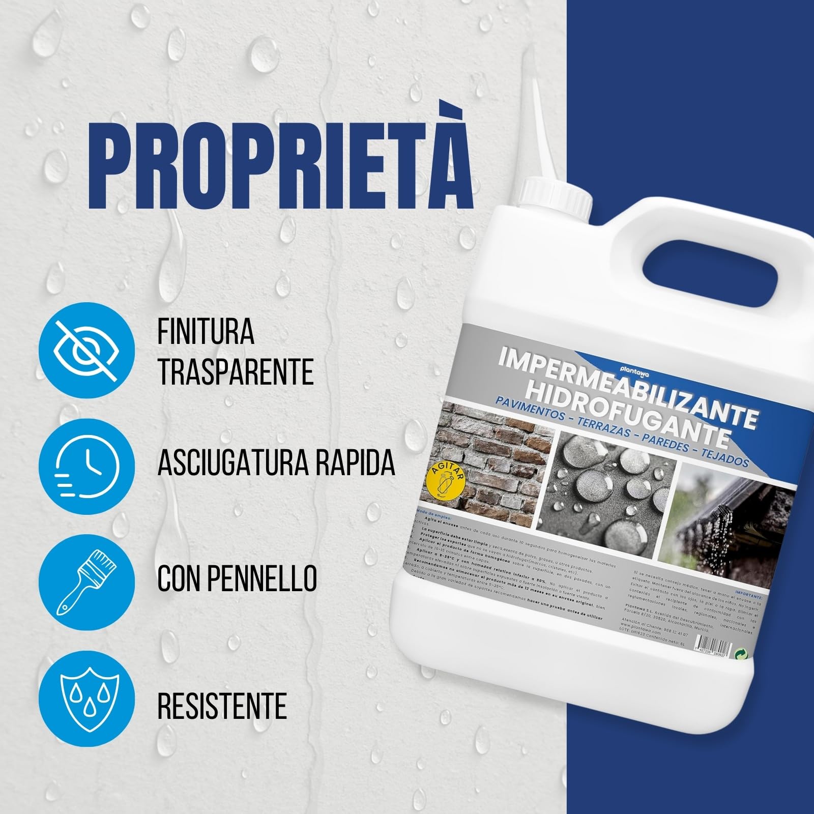PLANTAWA Impermeabilizzante Trasparente Liquido 5L | Invisibile, Nessuna Generazione di Film, Protezione Totale su Facciate, Cemento, Terrazze, Tetti | Idrorepellente, Impermeabile