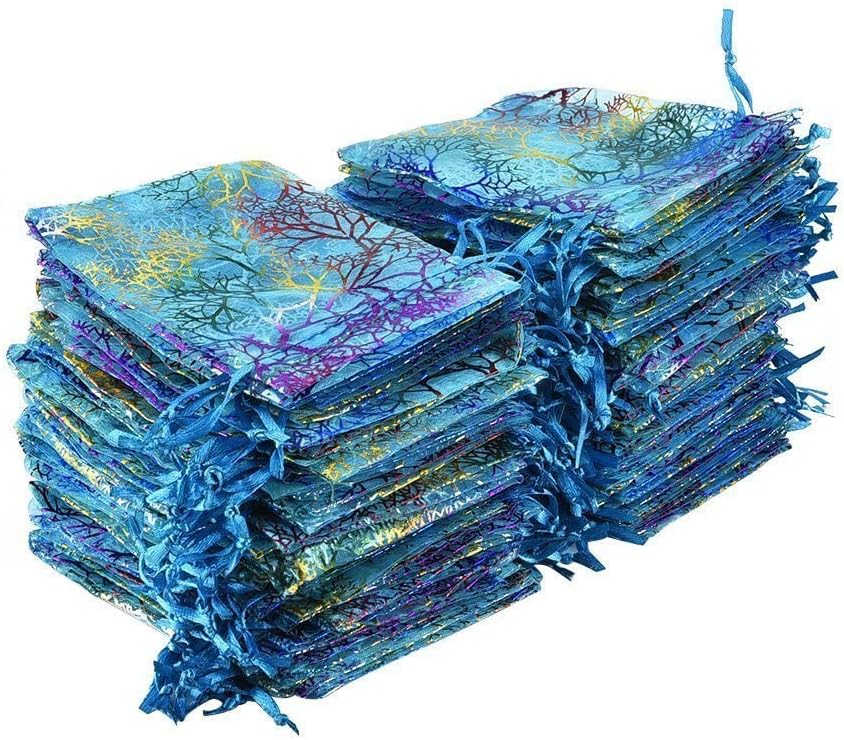 Stratalife Organza Bags 4x6 Small Drawstring Jewelry Pouches Party Favor Goodie Bags for Wedding Present Candy 50PCS (Blue Coralline)