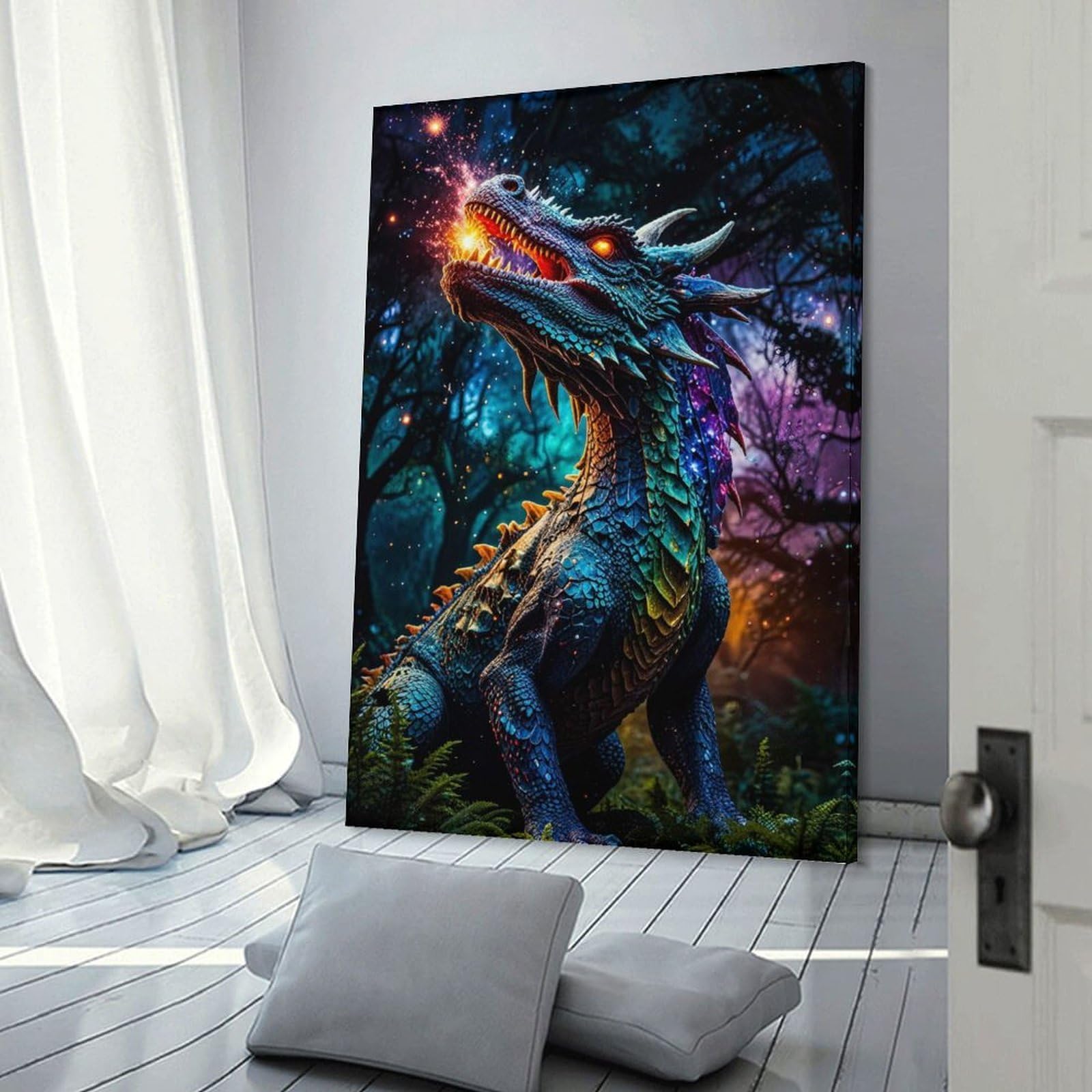 Junmoney Canvas Wall Picture Dragon Breathing Fire in A Magical Forest, 20x30inch(50x75cm), for Bedroom Decor, Cosy Corners Or Studios, A Warm Accent for Relaxed Interiors