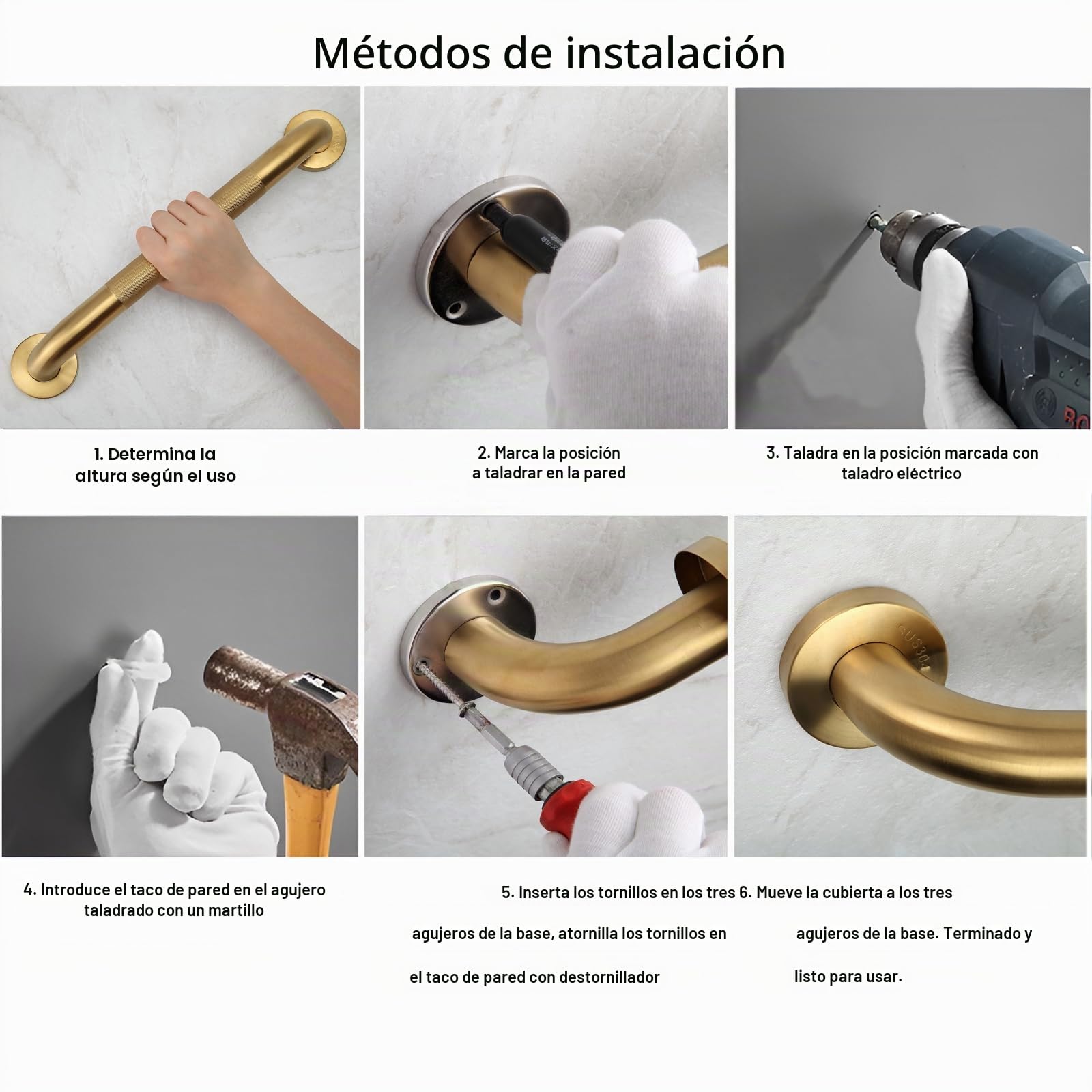Barra de agarre para ducha, paquete de 2 barras de agarre doradas de 24 pulgadas, barras de agarre antideslizantes de acero inoxidable 304 de 1.25 pulgadas de diámetro para bañeras y duchas