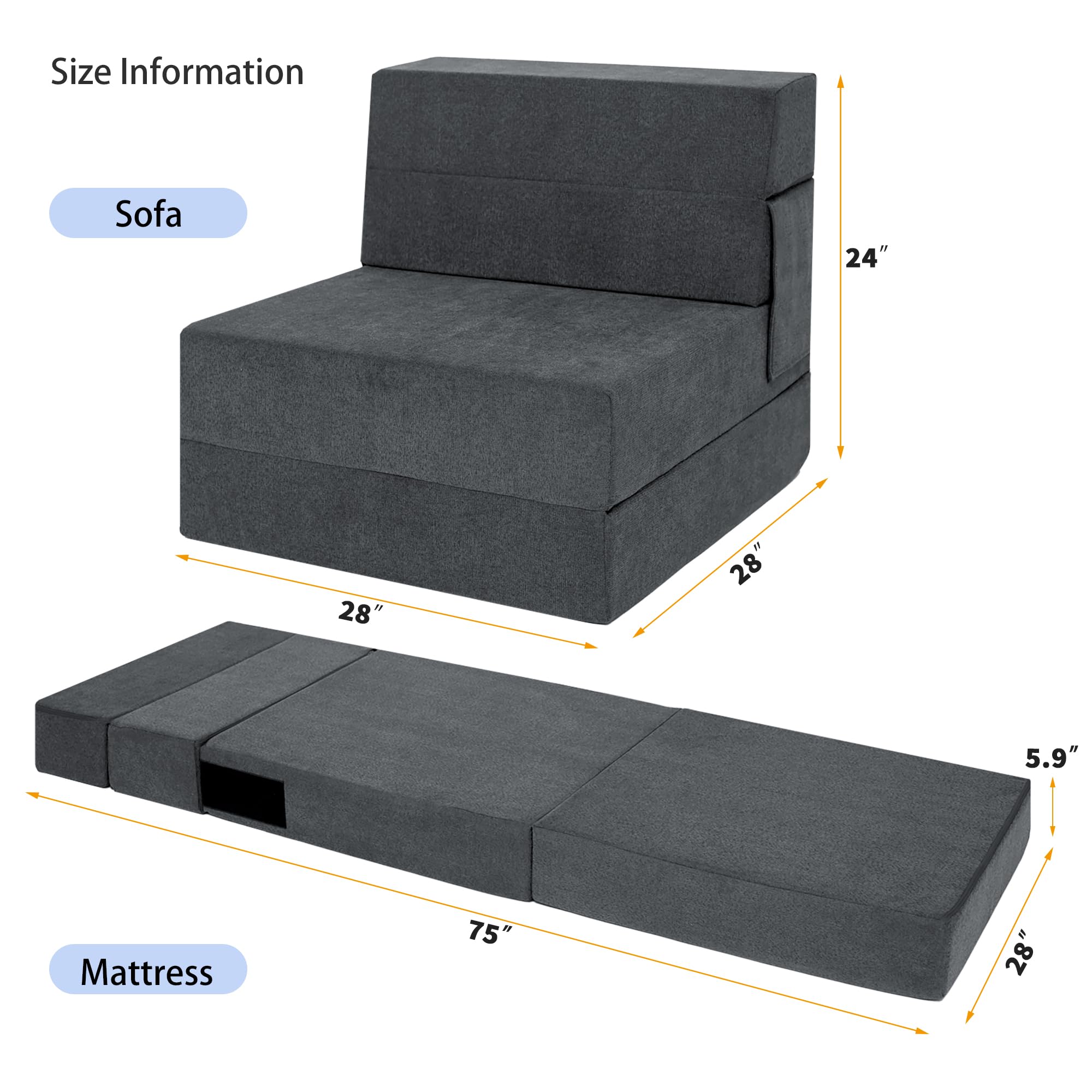 Sofá cama plegable con almohada, silla plegable convertible para cama, colchón de espuma para el suelo, sofá cama plegable para sala de estar, dormitorio, invitados, oficina (gris, 3