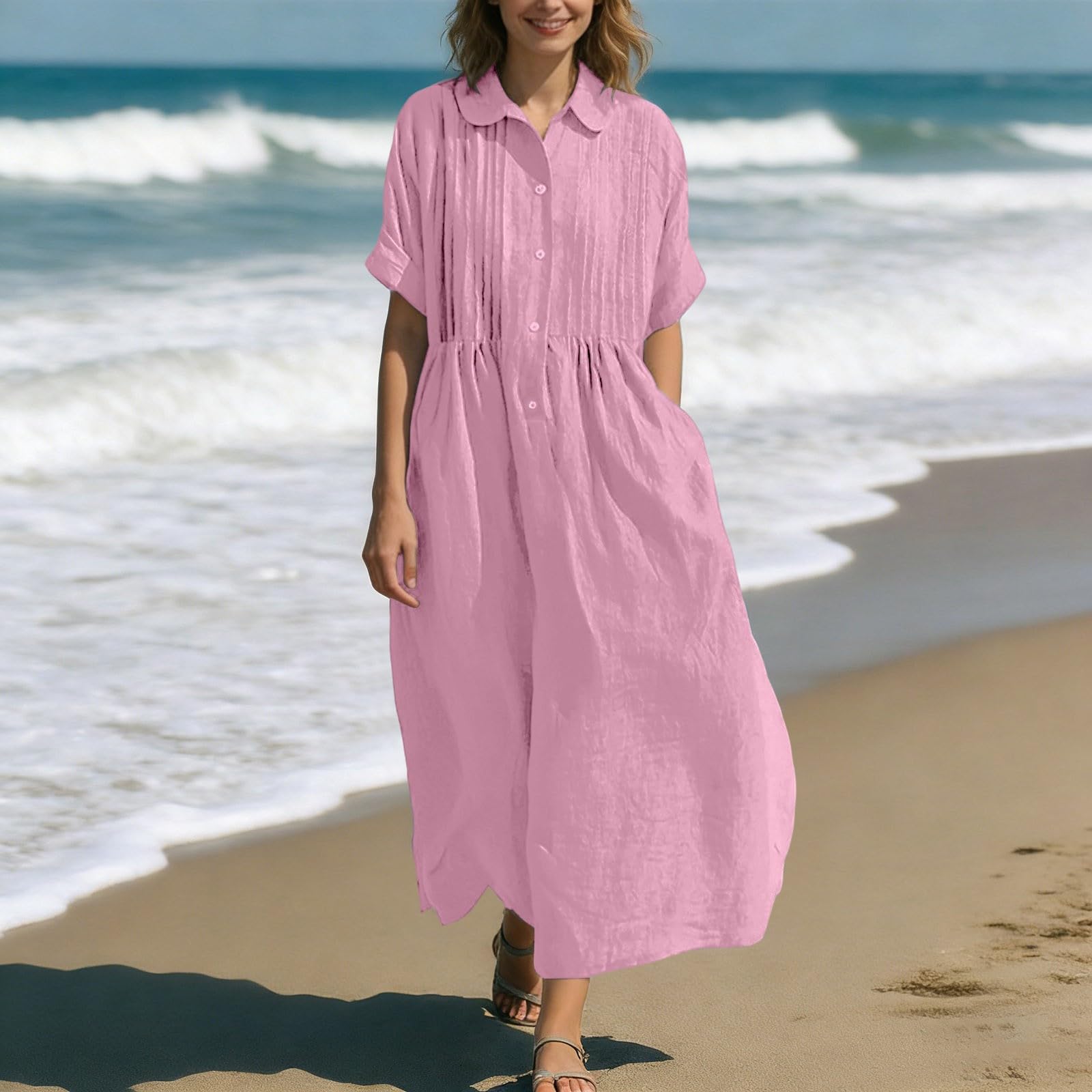 Vestido de verano para mujer, largo, cuello vuelto, elegante, vestido de playa, vestido de verano, vestido camisero con botones, vestido maxi de manga corta, vestido de verano para mujer, ligero y