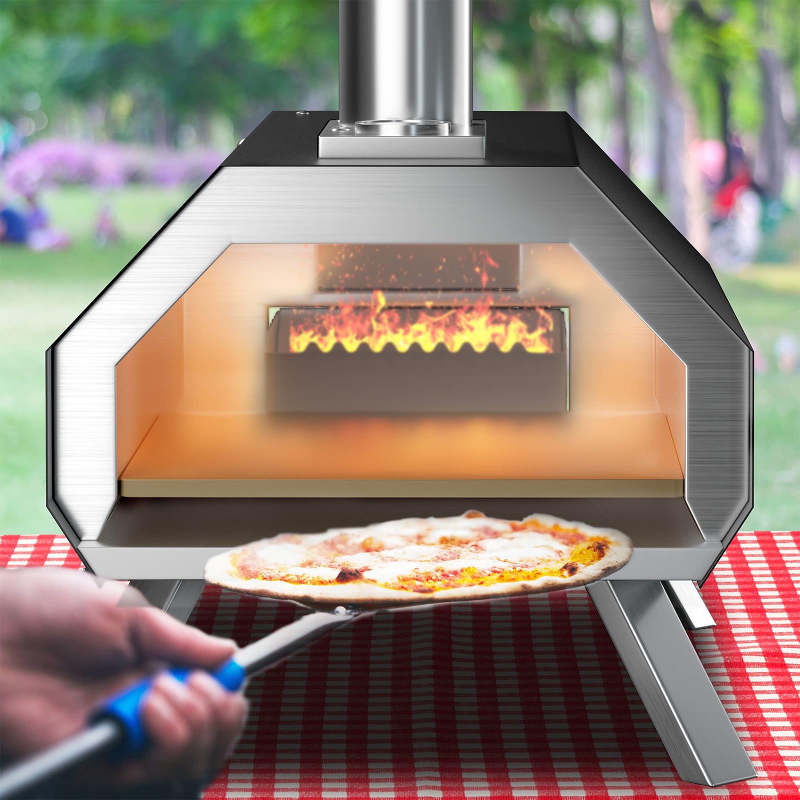GYMAX Forno a Legna per Pizza, Griglia in Acciaio Inox a 3 Strati con Termometro, Pala per Pizza, Pietra per Pizza, Gambe Pieghevoli, per Esterno Cortile, Veranda, 51 x 38,5 x 83 cm