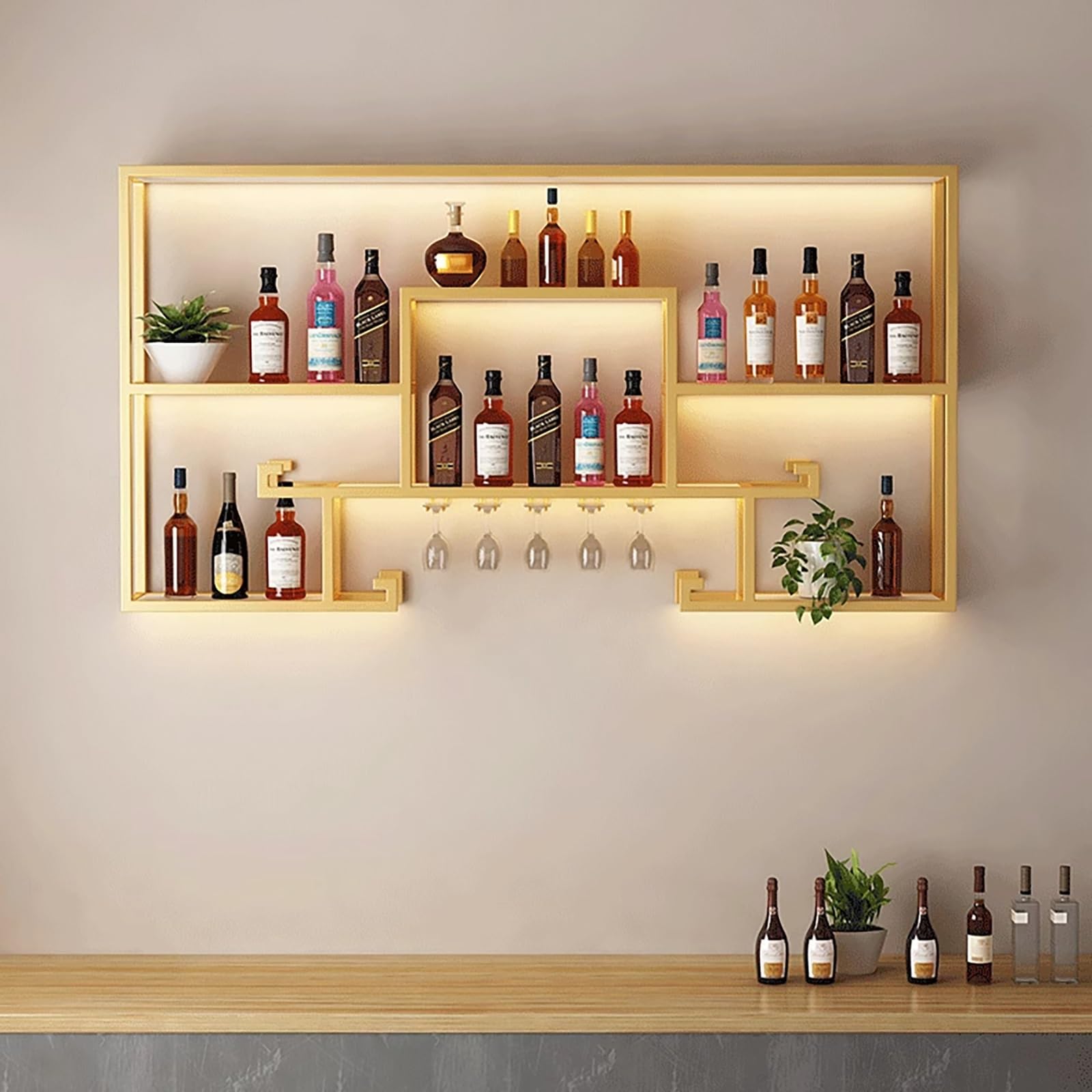 Moderno portabottiglie da parete a 3 ripiani con luci a LED, supporto per vino in metallo e ripiano in vetro, portaoggetti galleggiante per cucina e soggiorno, mensola in ferro per liquori
