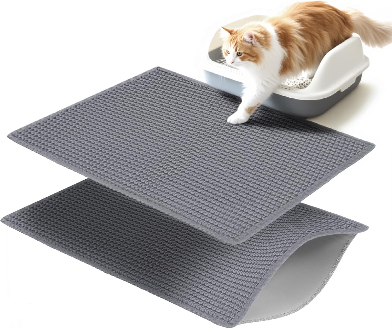 2 Packs Cat Litter Mat with Double Layers, Waterproof, Non-Slip, Easy to Clean, Gray Small Litter Mat 26.6"x16"