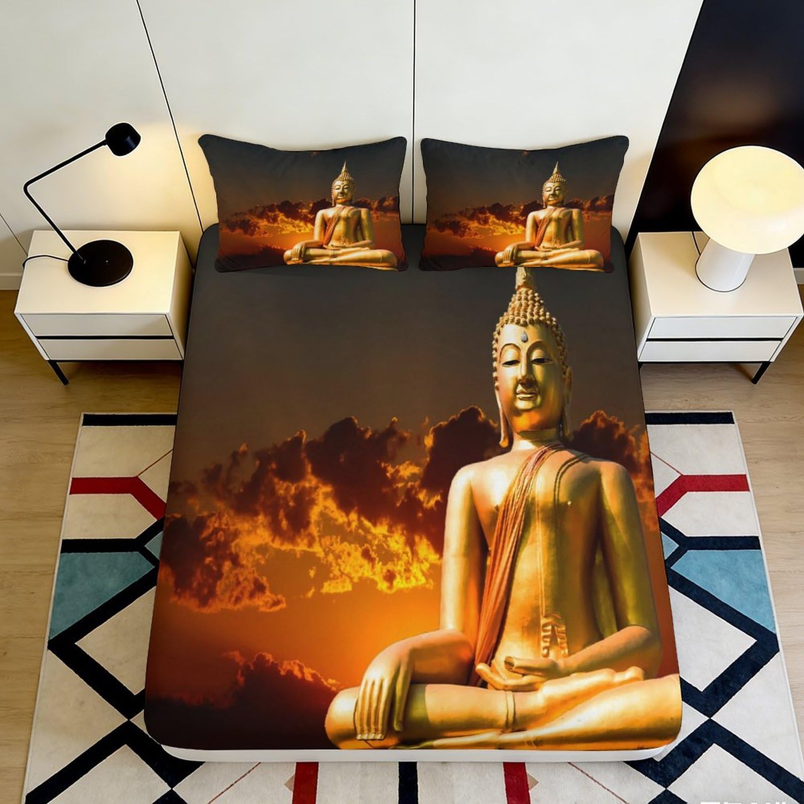 3D Printed Golden Buddha Sunset Fitted Sheet Microfiber Anti-Slip Bed Cover for Bedroom Dorm Mattress Decor 140x200x25cm