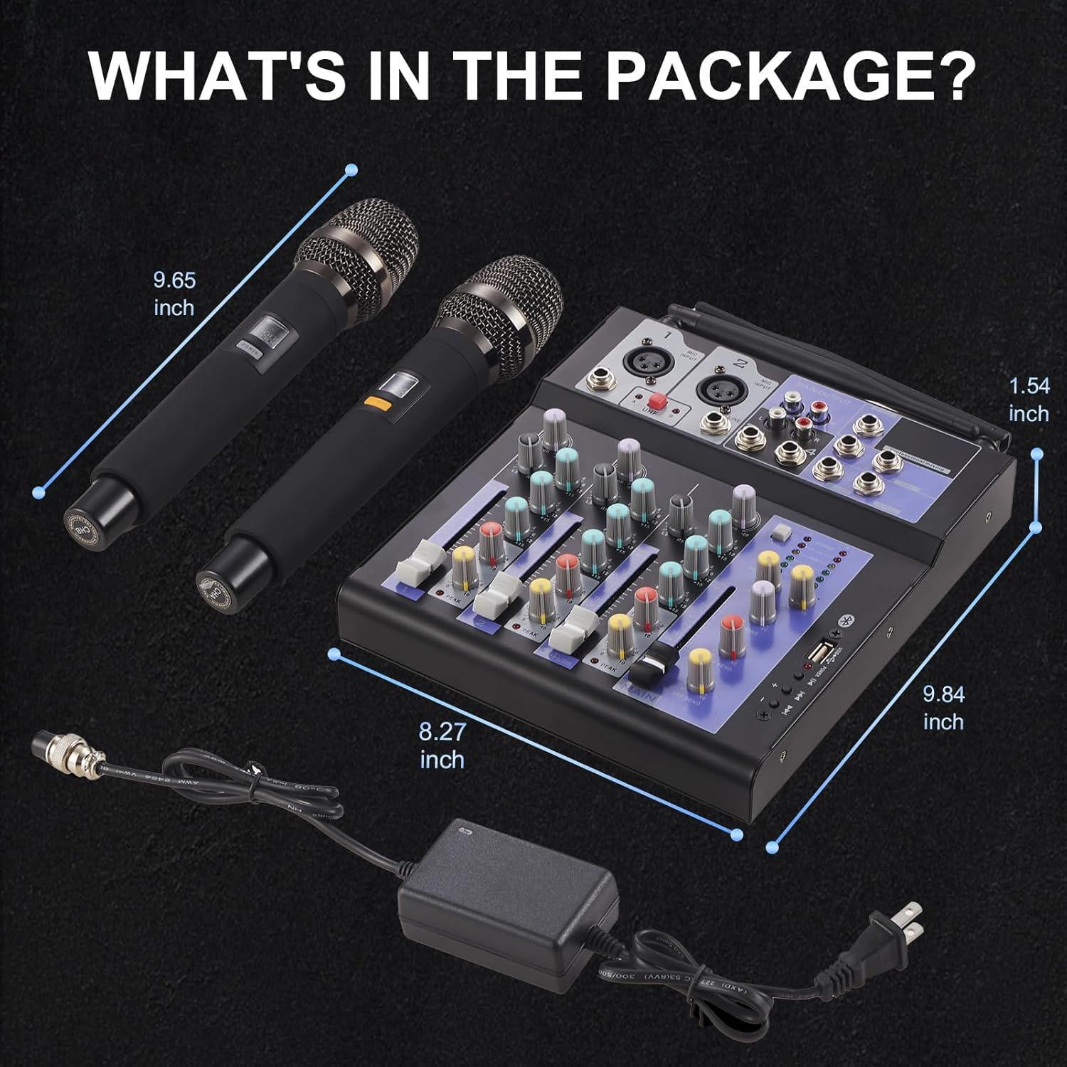 Professional Audio Mixer with Dual Wireless Mic, 4 Channel Mixer Board Sound Board DJ Mixer Console System MP3 Bluetooth 48V Phantom Power USB Interface for Home Karaoke Party