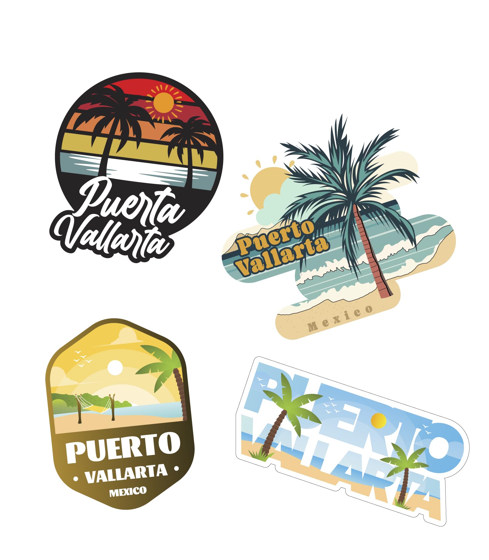 Puerto Vallarta, Mexico Sticker Pack, Pack of 4 Sticker Pack (Waterproof Vinyl Decal for Car, Water Bottle, Laptop, iPad, Window, Cooler, Luggage,