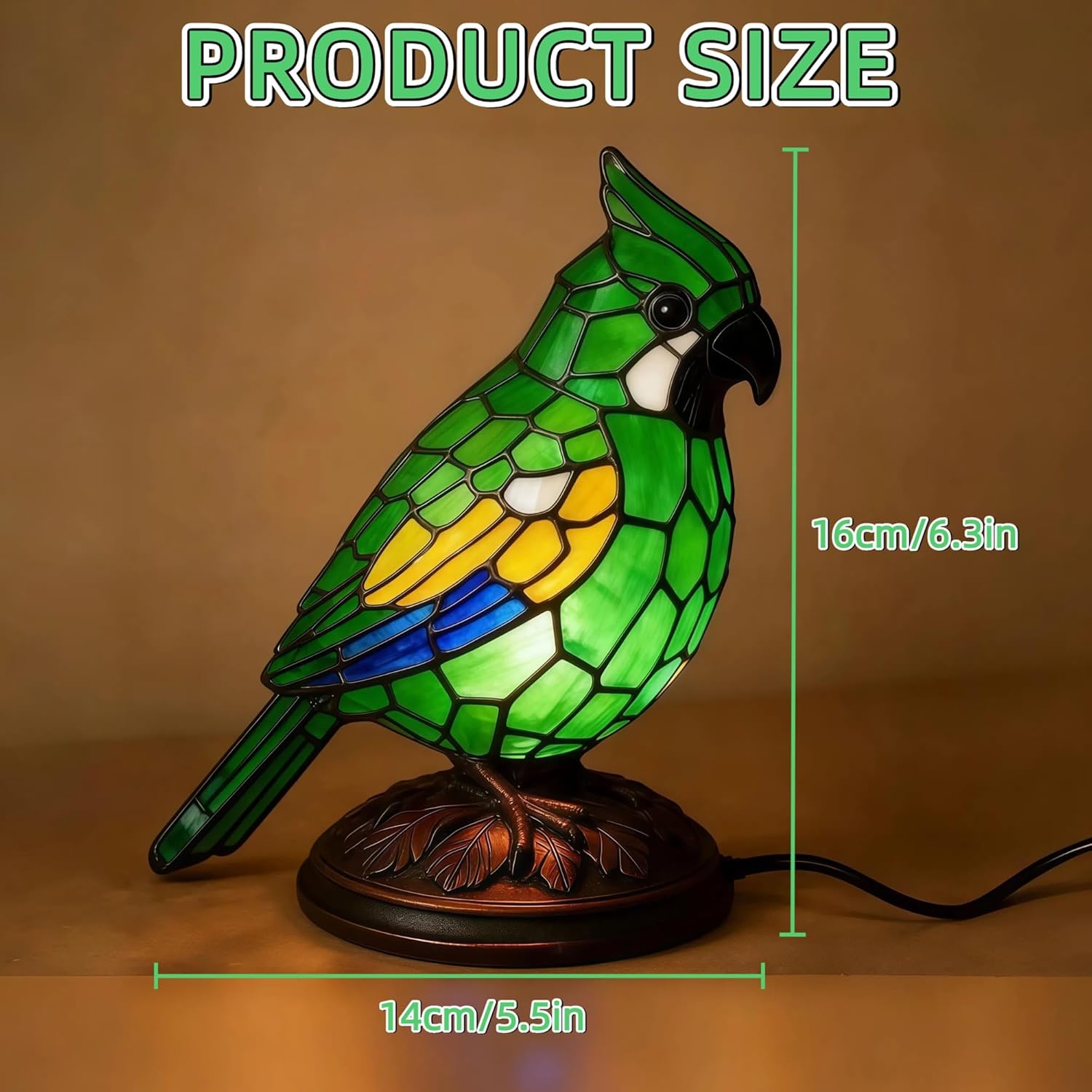 Cardinal Lamp, 4 Color Stained Glass Resin Bird Parrot Light, Portable Small Table Lamp with USB Plug for Home Decor, Office Desk, Bedroom, Livingroom(Green)