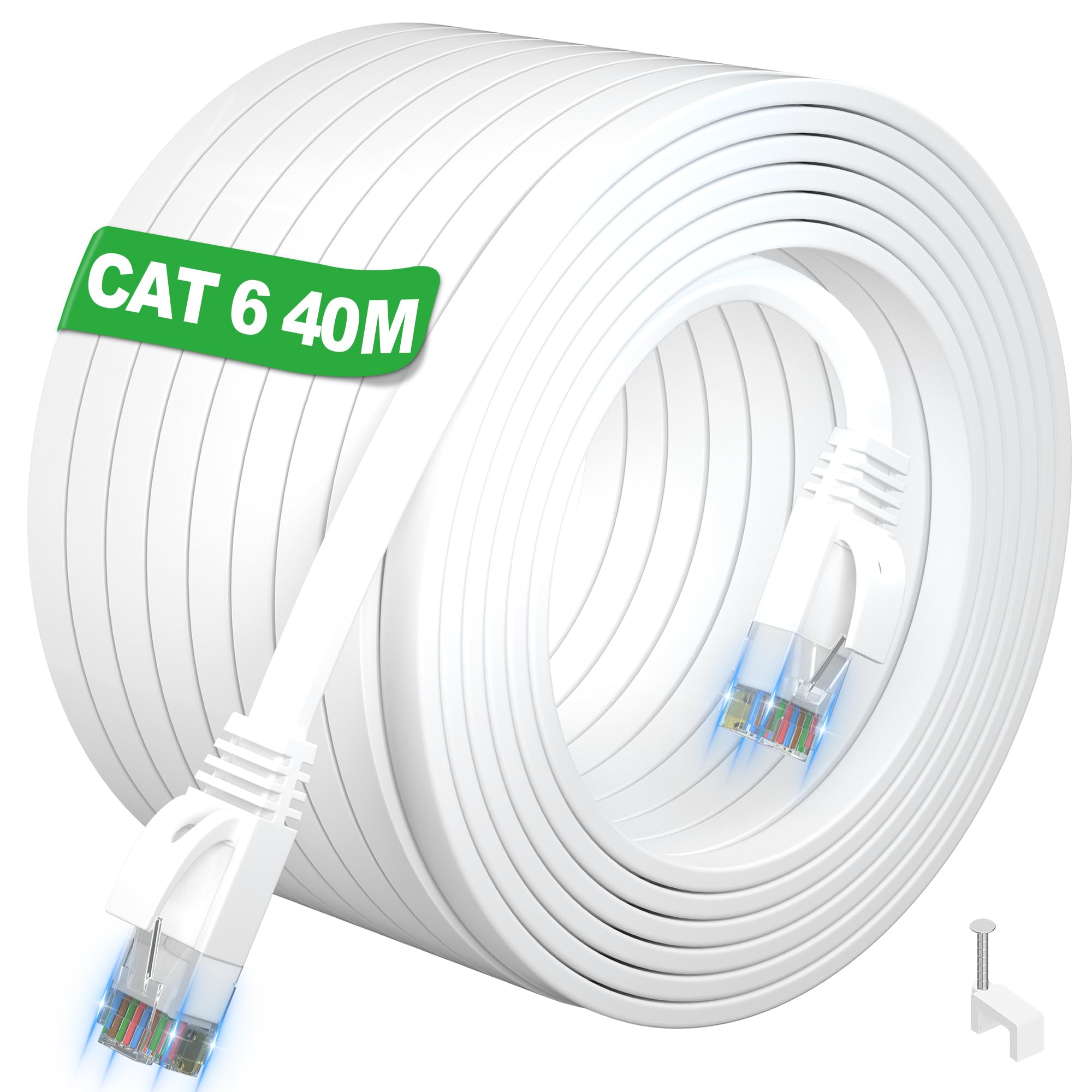 LAN Kabel 40 Meter, Cat 6 Netzwerkkabel 40m Outdoor Indoor Flach Ethernet Kabel, Lang Weiß Hochgeschwindigkeits RJ45 Internet Kabel Außen Wasserdicht, Gigabit Patchkabel für Router Modem PC (40 Clips)