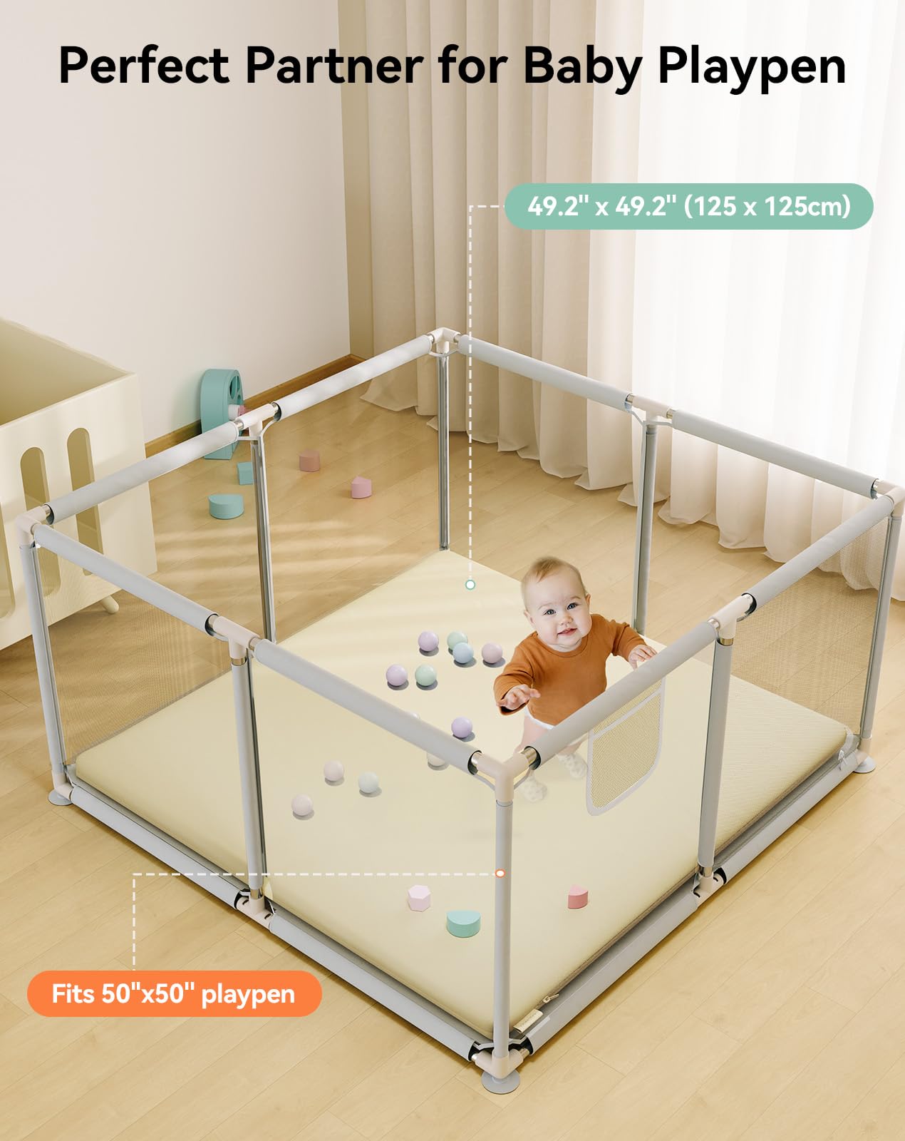 COMOMY Cuir Végan Tapis d'eveil Bebe, Extra Doux et Epais Tapis de Jeux Bebe 127x127x3 cm, Imperméable Tapis Sol Bebe de Jeu Pour Parc, Pliable Tapis d'éveil et de Jeux, Beige