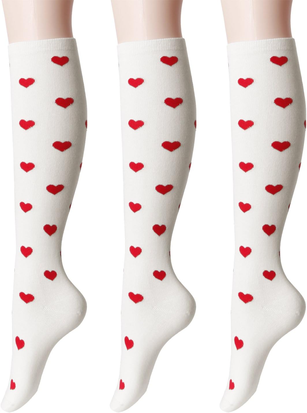 Womens Heart Pattern Knee High Socks 3Pairs 1 Set Pack with Multi Colors RED Asia M (SET3KWMS074)