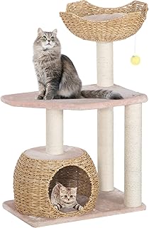 Modern Wood Cat Tree for Indoor Cats, Multi-Level Boho Cat Tree with Natural Sisal Scratching Post, Cat Tree Tower for Large Cats, Hand-Made Cat Condo & Cozy Top Perch, Hanging Toy Ball