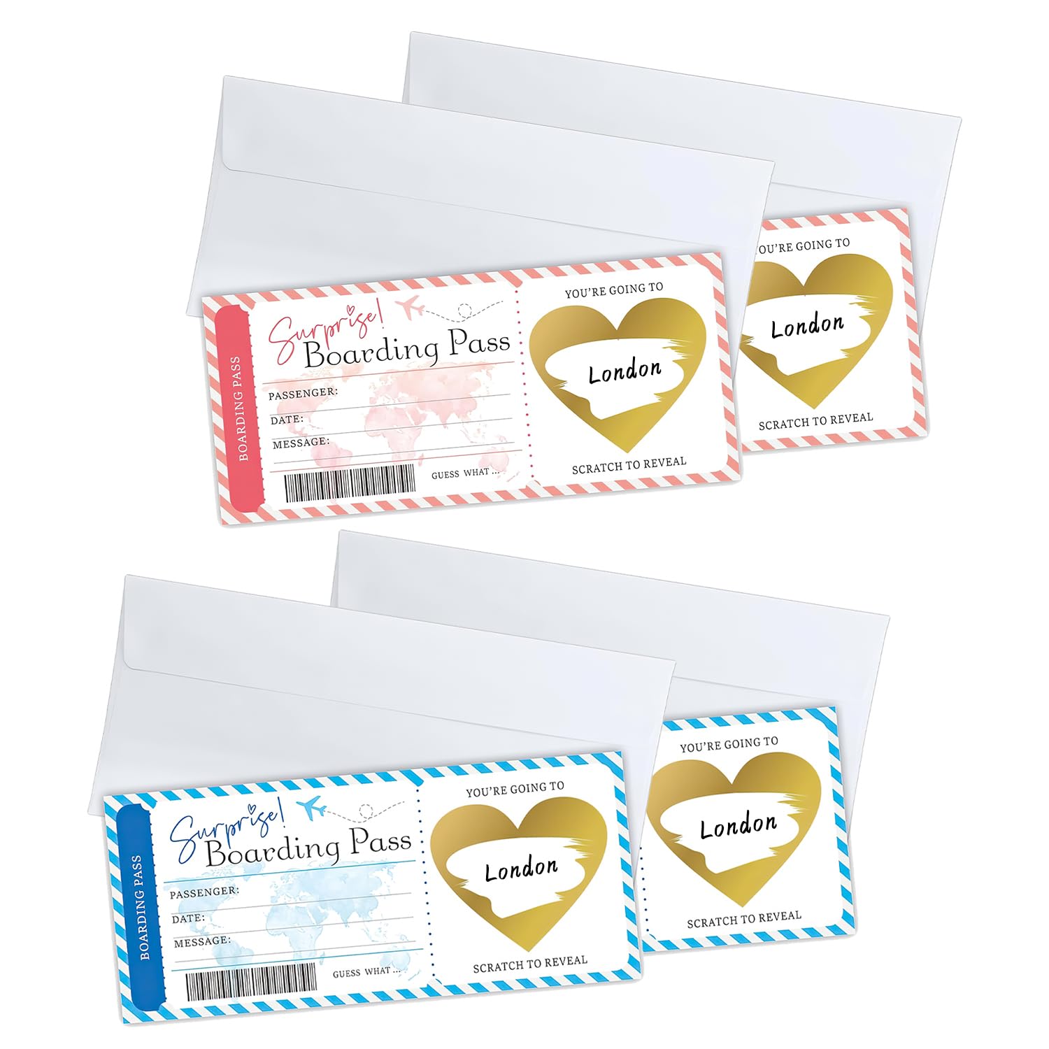 NECXON 4 Pcs Personalised Travel Scratch Card, Golden Travel Ticket Scratch Card with Envelopes Surprise Boarding Pass Scratch Card Travel Gifts Where We Are Going on Holiday Scratch Card