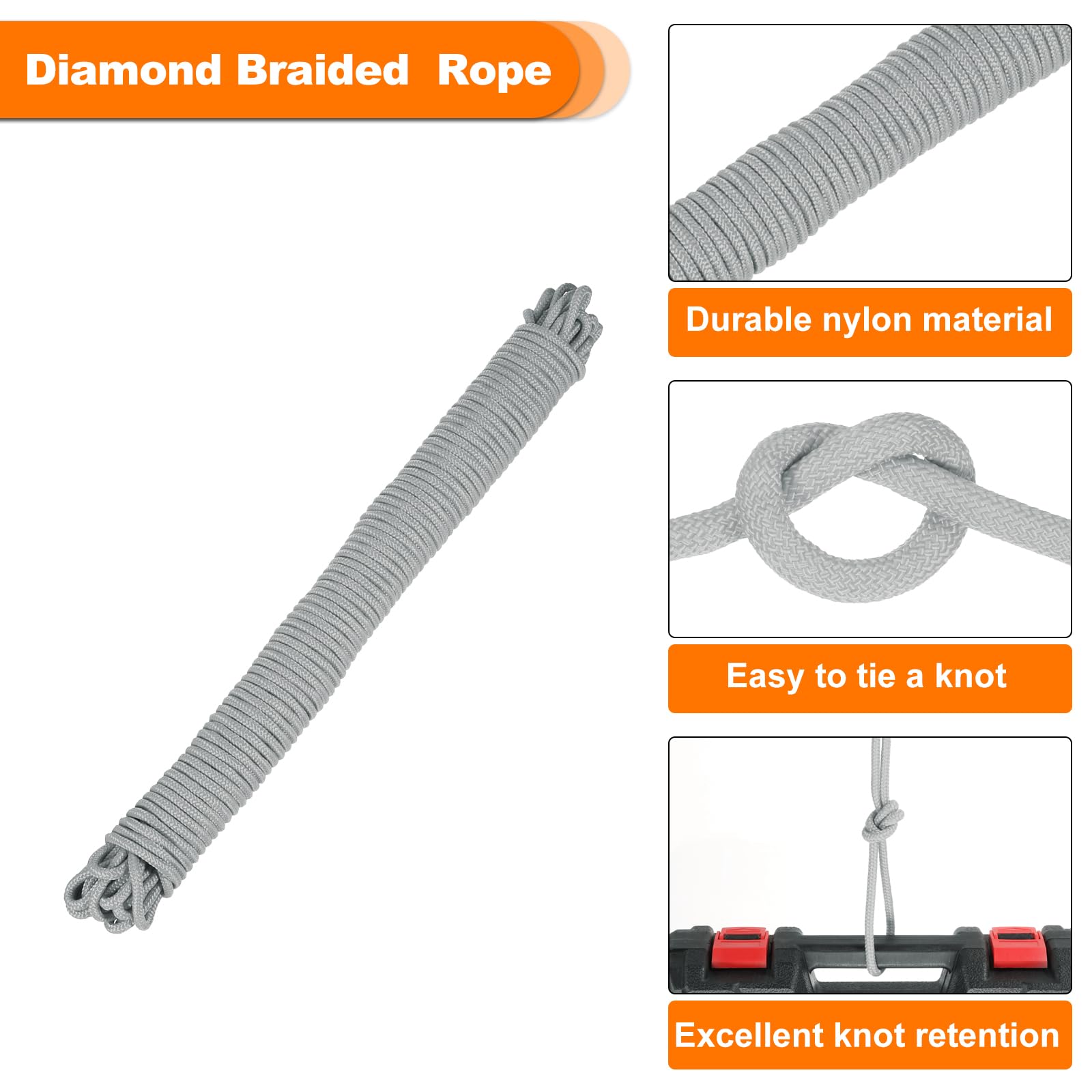 Rebower 1 Pcs Gray Nylon Rope 1/4"x98ft Solid Braided Cord Polypropylene Rope Utility Cord,[for Camping Tie Down, Securing - Image 3