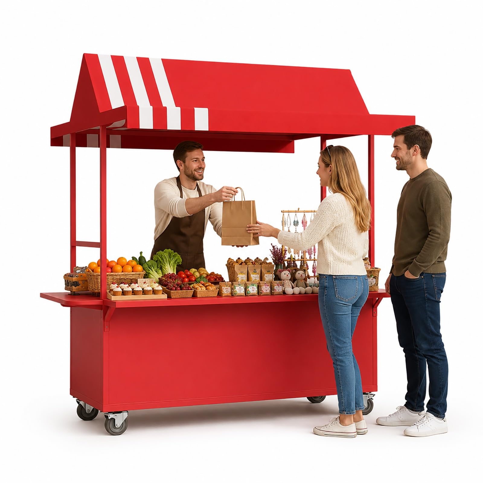 XRRJFYH Farmers Market Stand Outdoor Vendor Booth with Canopy, Portable Display Tables for Street Food Vendor, Market Stall with Wheels & Storage, 47x35.5x82.5 Inch(Red)
