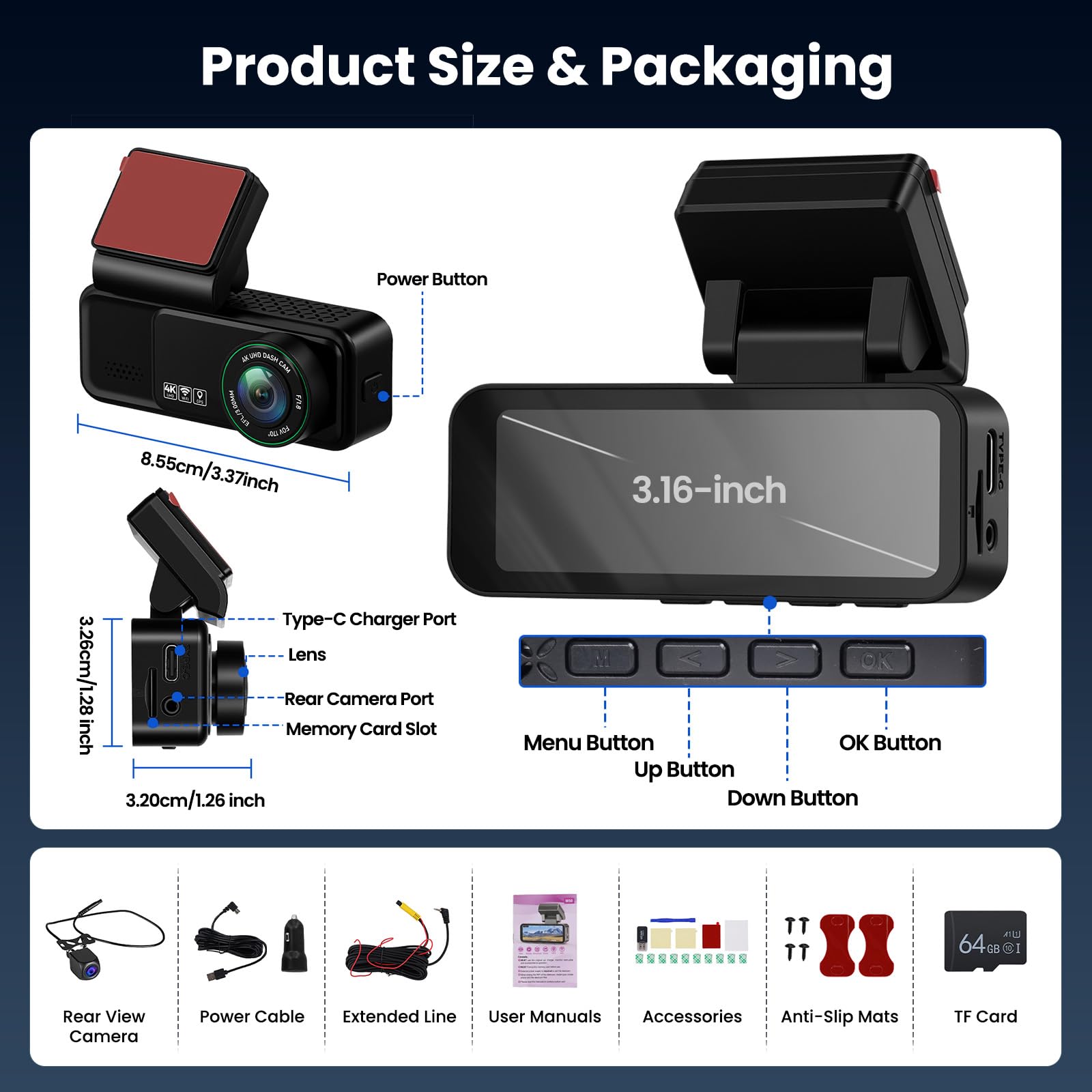 Hikity 2 Canali WIFI Dashcam Auto 360,Anteriore 4K + Posteriore 2K,con ADAS/GPS/G-Sensore/rEgistrazione in loop/Visione Notturna/24H Parcheggio Monitor/Scheda da 64 GB