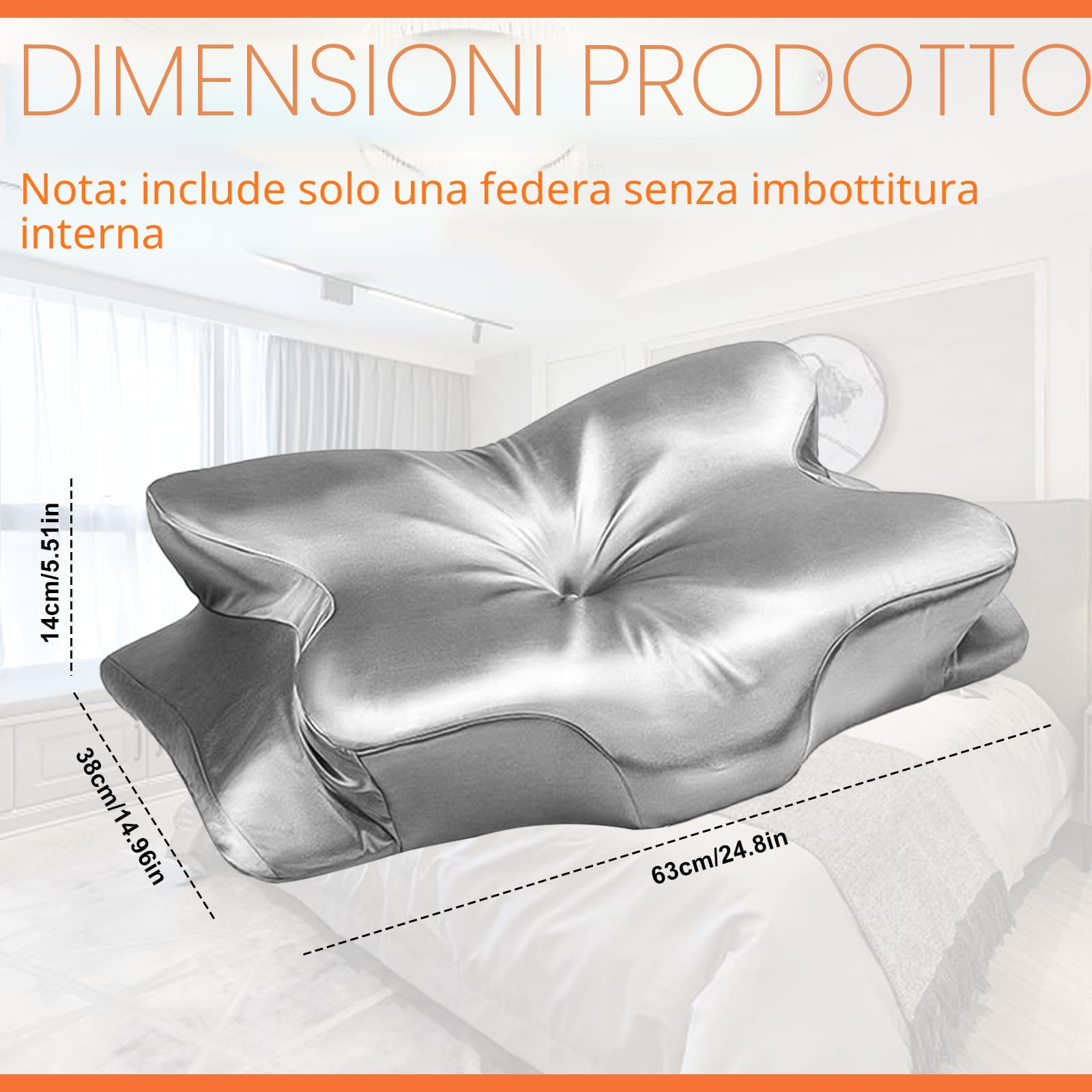 Federa in raso per cuscini in memory foam, federa ortopedica in seta, federa per cuscino in raso, federa per cuscino di supporto cervicale JK79, argento (solo per 63 x 38 x 14 cm)