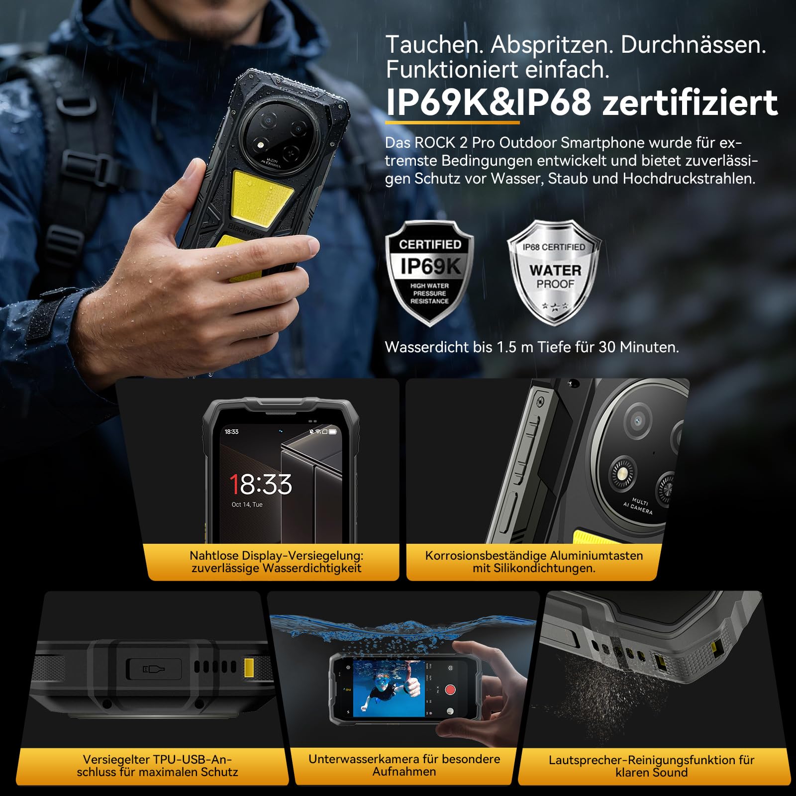Blackview Rock 2 Pro Outdoor Handy Ohne Vertrag, Android 16 Outdoor Smartphone 5G 32GB+256GB, 6.67" HD+ Display 120Hz 15000mAh IP69K, 16MP AI Kamera, NFC/OTG/GPS/Gemini AI/Glove Mode 2.0