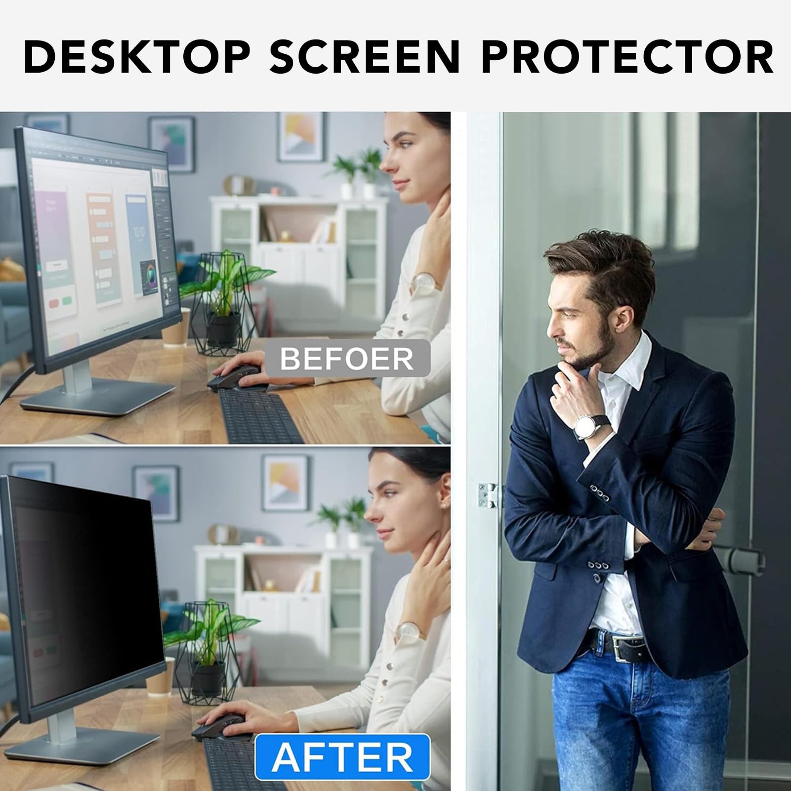 Pantalla Privada para Computadora con Filtro de Privacidad Antirreflejo y Luz Azul para Monitor de 23,8 Pulgadas, Protección UV, Bloqueo de Vista Lateral, Adsorción Estática