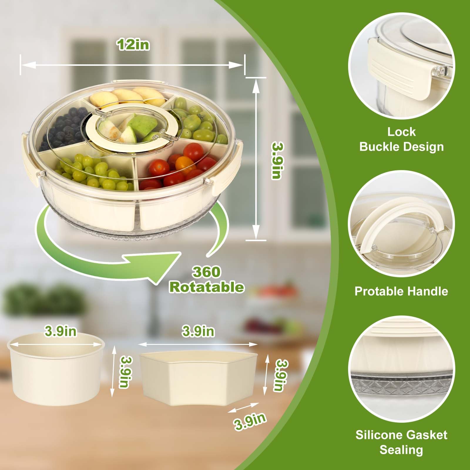 ECOSEAO Boîte Goûter Rotative, 6 Compartiment Grand Snack Box Ronde, Boîte à Collation Rotative Avec Couvercle Et Poignée, Organisateur Collations Pour Bonbon Fruits Légumes