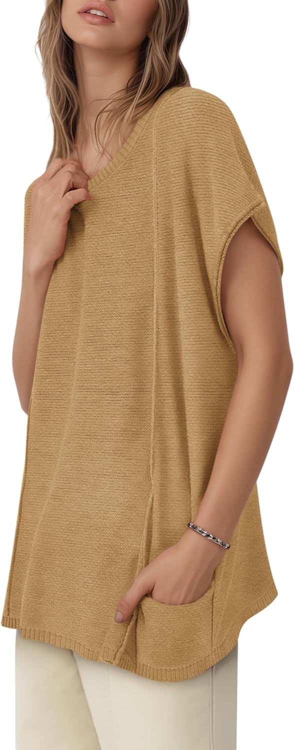 COCCKO Womens Fall Sweater Vest Oversized Short Sleeve Crew Neck Pullover with Pocket Tunic