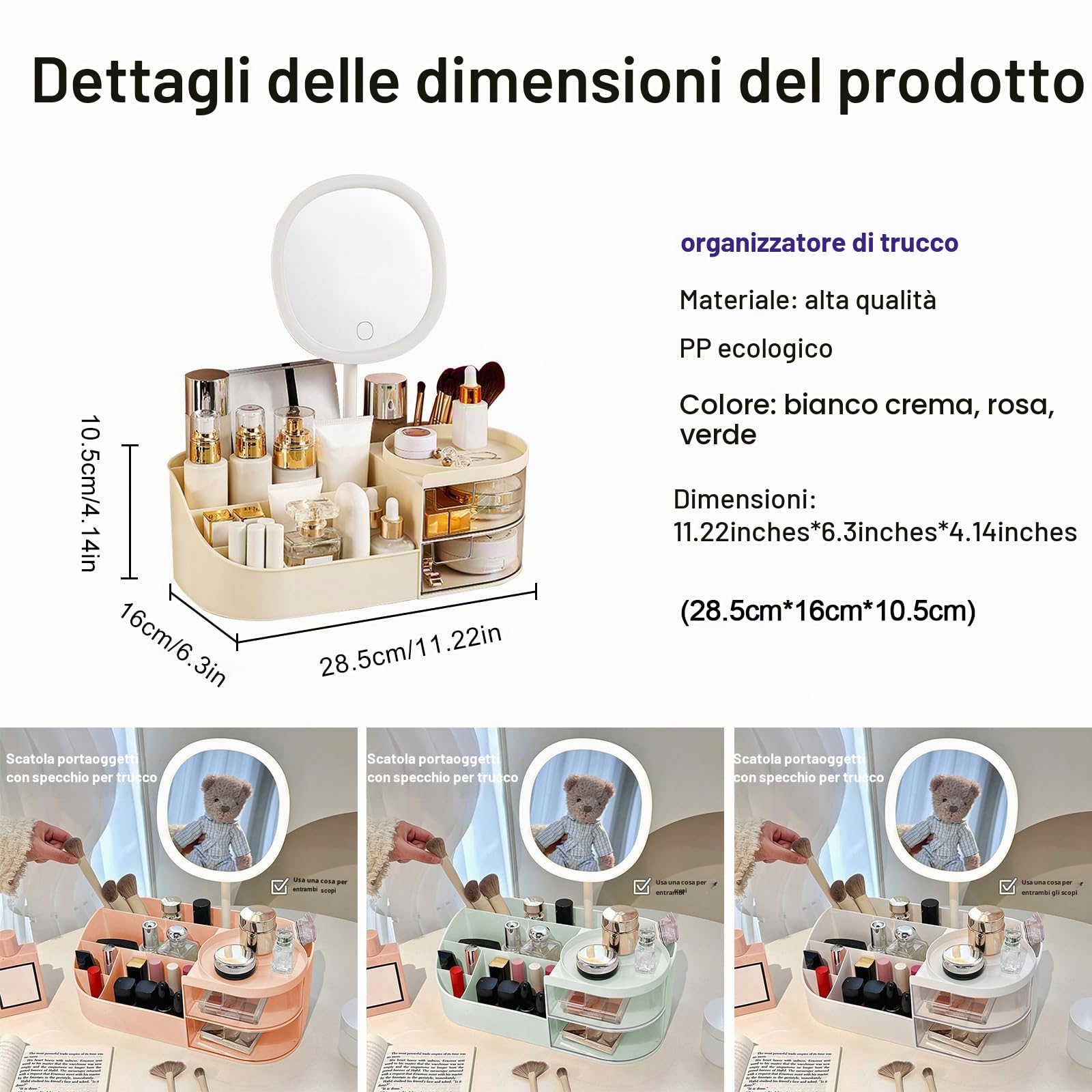 DASITON Organizer Trucchi con Specchio,Porta Trucchi Organizer con 2 Cassetti,Make Up Organizer Bagno per Cosmetici,Organizer Cosmetici Portatrucchi Organizzatore per Bagno,Camera da Letto(Crema)