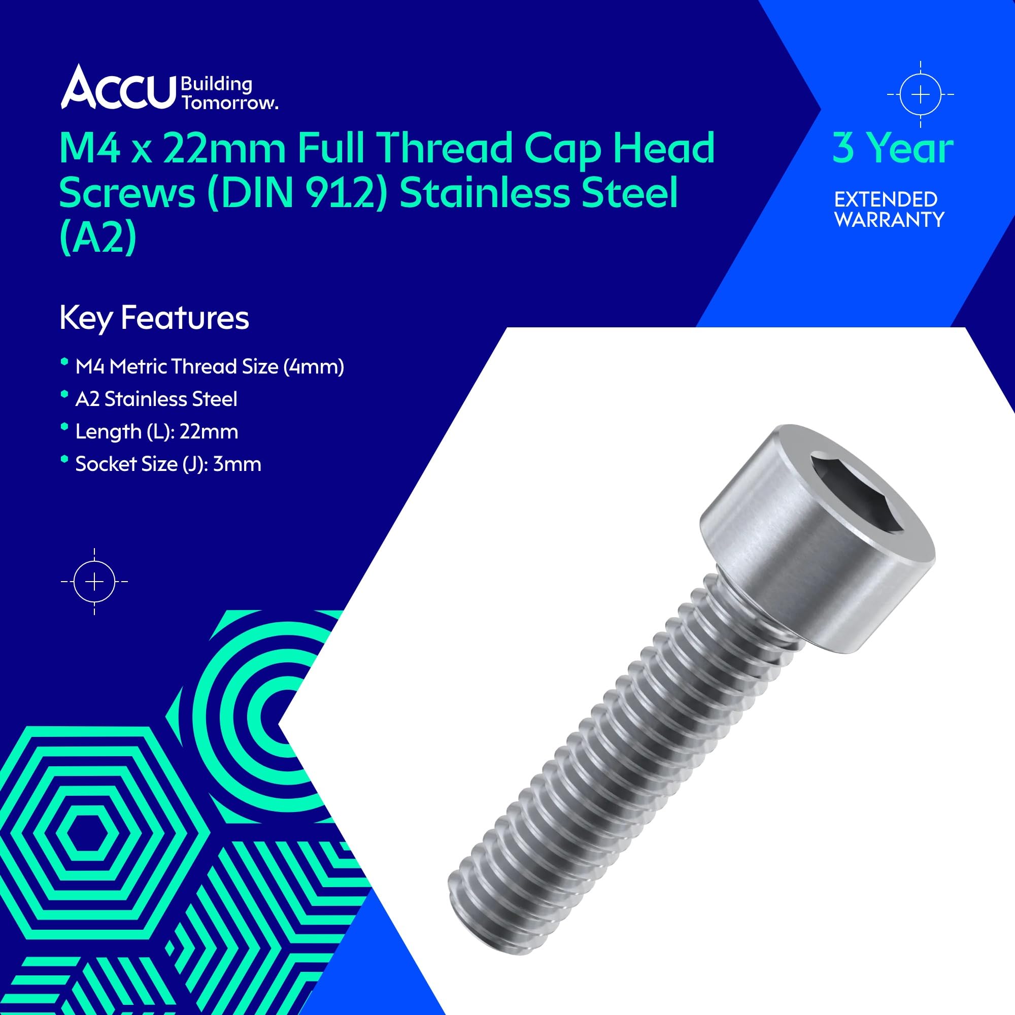 Accu - M4 x 22mm Full Thread Cap Head Screws (DIN 912) - Stainless Steel (A2) (Pack of 50) - Image 2