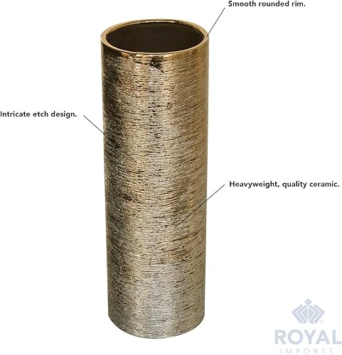Miniatura 4 de Royal Imports Jarrón decorativo de cerámica de vidrio con flores, para el hogar o la boda, forma cilíndrica grabada, 4 x 12 pulgadas, dorado