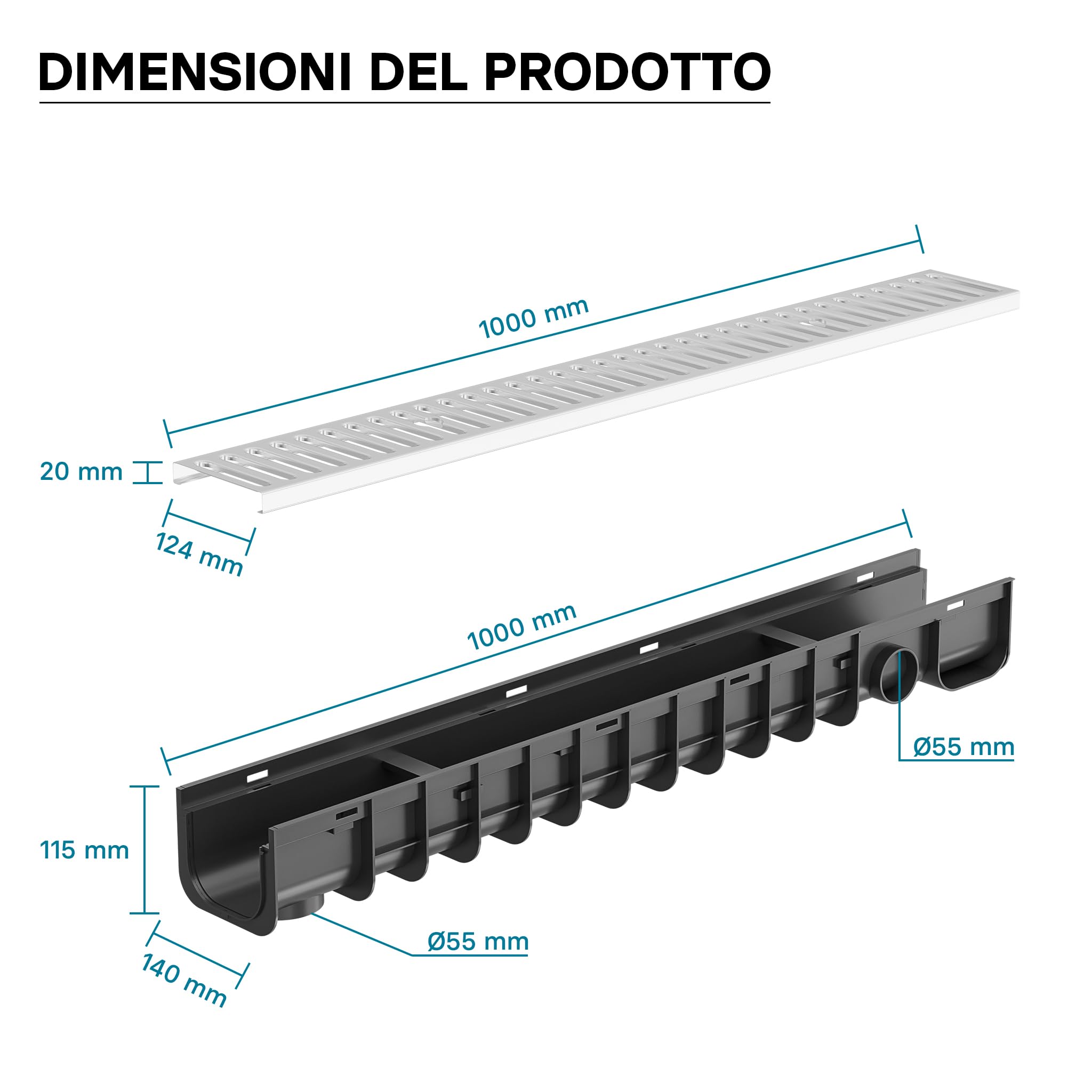 Wiltec Canale di scolo 1m con griglia per scarico acqua 1,5t Canaletta di drenaggio