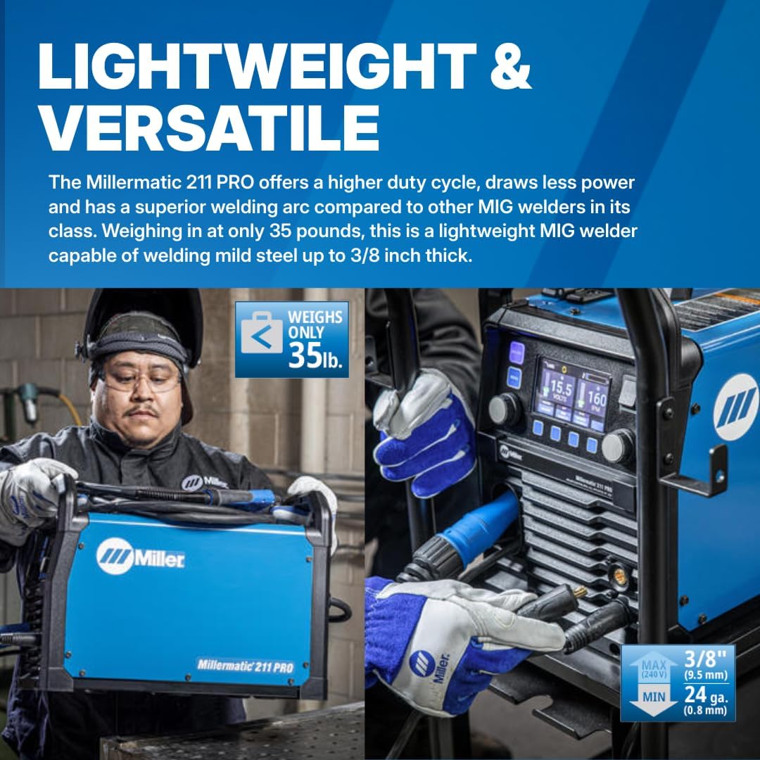 Millermatic 211 PRO MIG Welder Machine - Dual-Voltage Portable Flux Core Welder with Auto-Set & Spool Gun Detection - Aluminum, Mild & Stainless Steel Welding Machine - Wire Feed Gas Welder