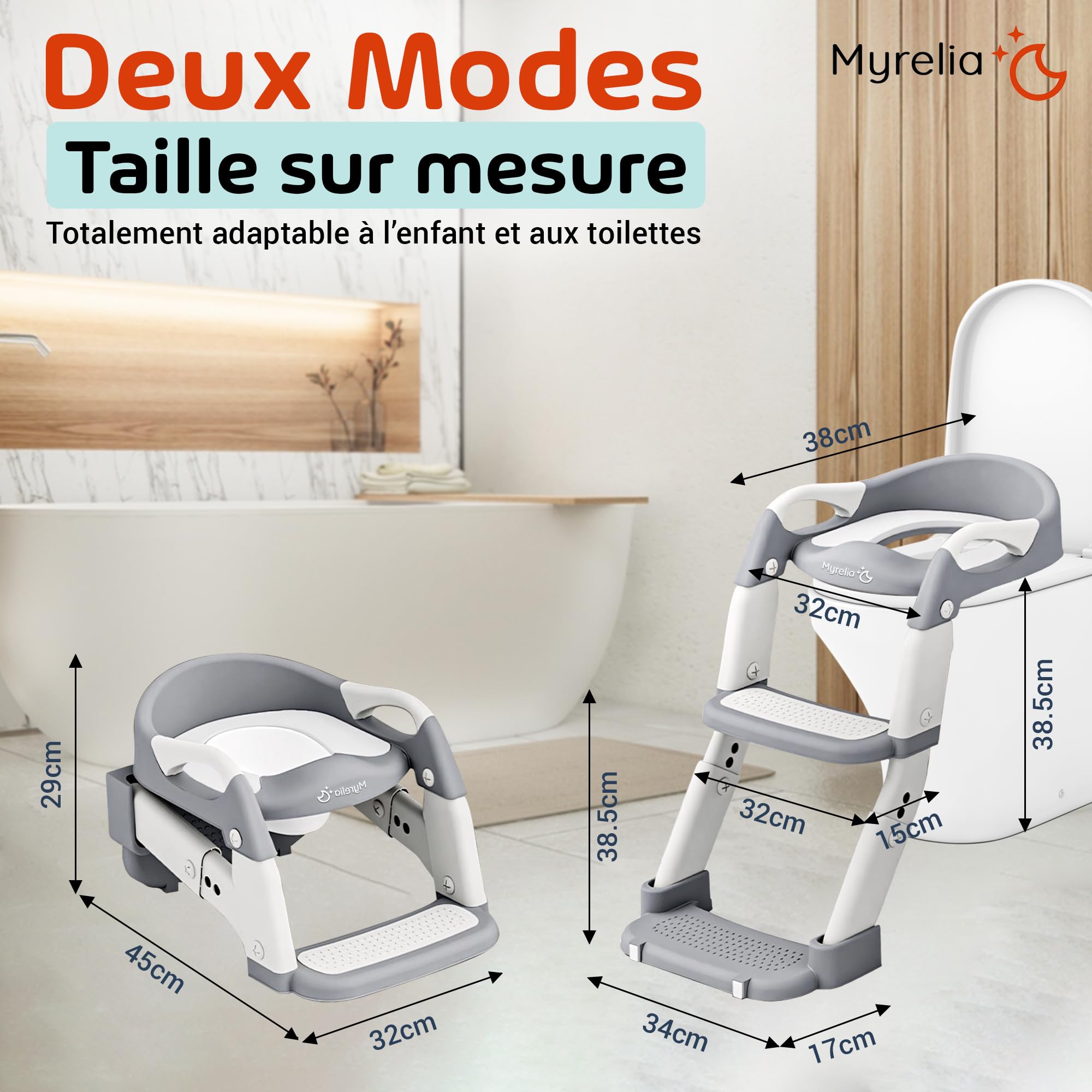 Reducteur toilette enfant 3-en-1, pot bebe toilette et adaptateur toilette enfant avec rehausseur WC, marches, poignées et dossier, antidérapant, pliable, robuste, facile à nettoyer, 3-6 ans