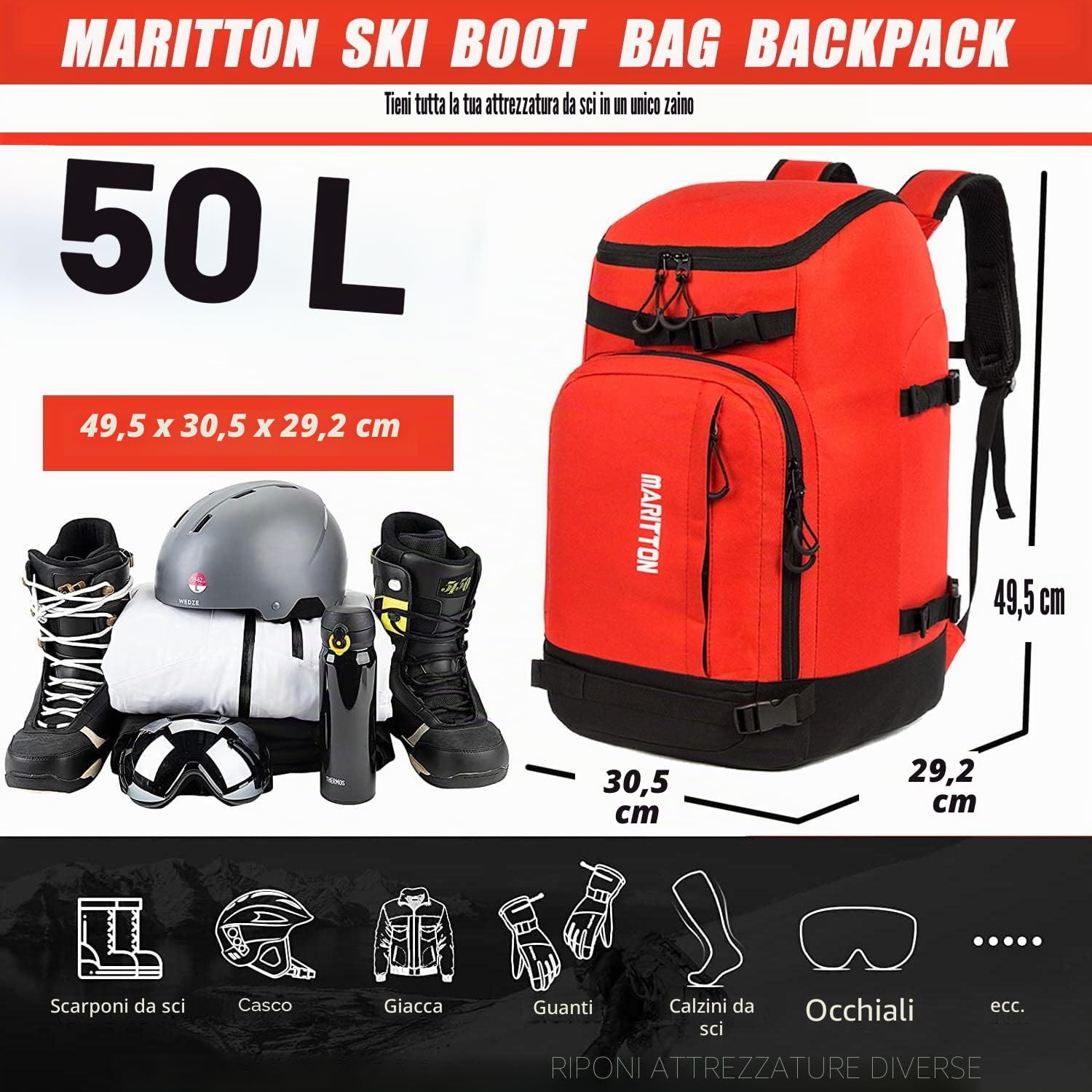 Borsa per scarponi da sci, scarponi da sci e snowboard, zaino da viaggio per casco da sci, occhiali, guanti, sci, snowboard e accessori.
