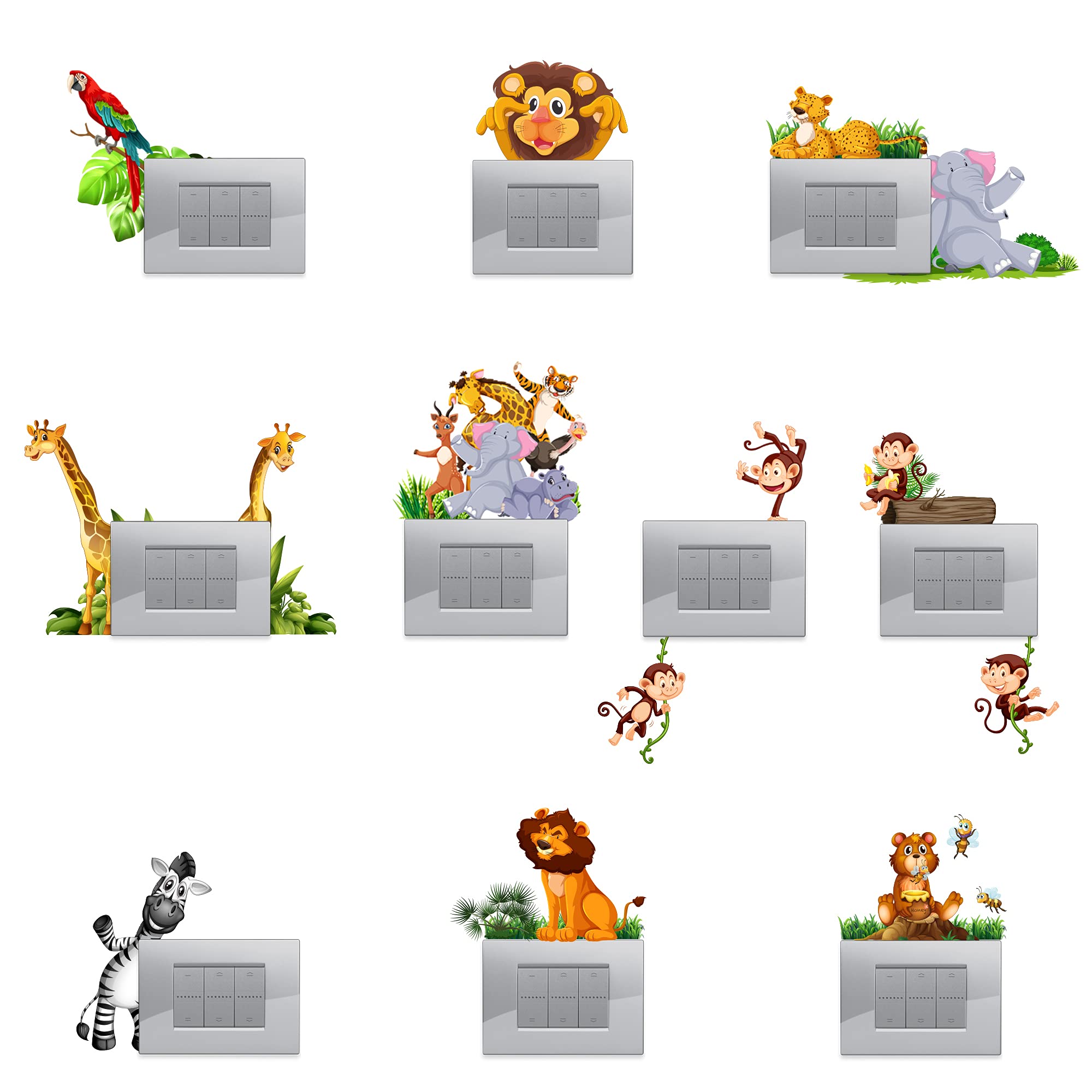Bizarre Creations | Adesivi Animaletti per Decorazione Interruttori Luce, Adesivi per Interruttori, Bambini, Adesivi Simpatici Animaletti Savana Elefantino Leone Cameretta (10 Pezzi)
