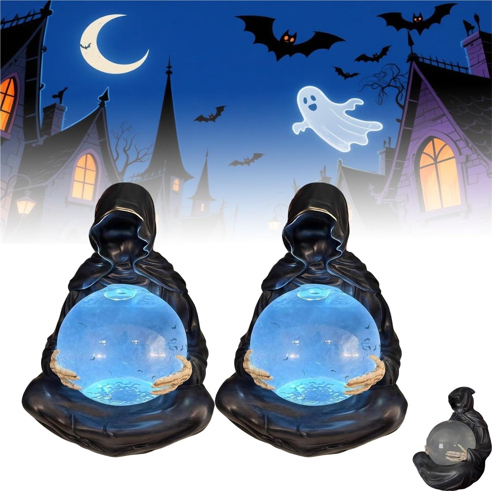 The Death God's Crystal Ball,Glowing Black Grim Reaper Flying Bat Glitter Crystal Ball Halloween Decor,Bookshelf Decor| Halloween Figurine(2PCS)