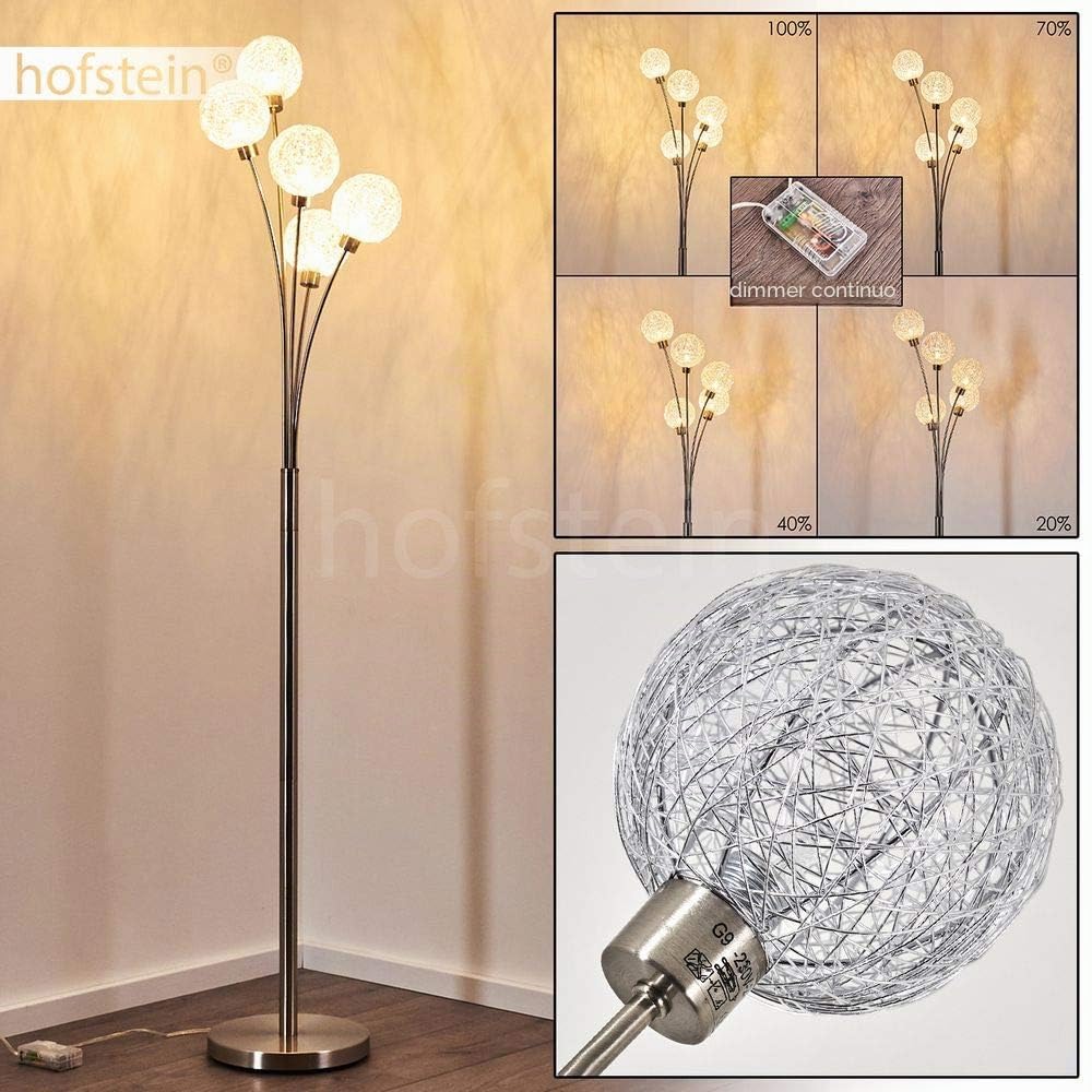 Lampada da terra Bernado dimmerabile all'infinito in nichel opaco/argento, G9, 5 globi metallici, lampada ad arco, soggiorno/camera da letto/corridoio, interruttore a pedale sul cavo, senza lampadine