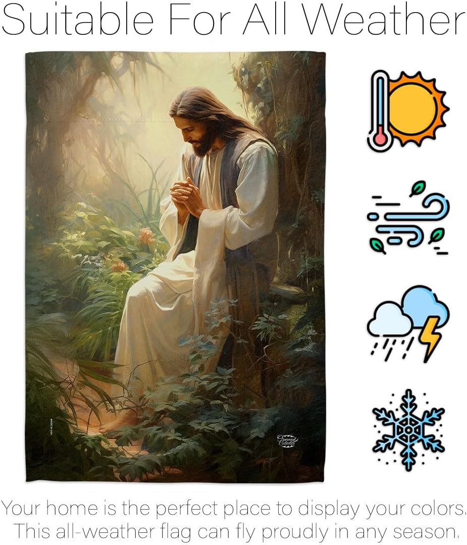 Jesus in Prayer Flag Memorial Stake Patio Lawn Outdoor Post Tapestry Yard Signs Cemetery Decorations for Grave Poster Easter Decor Christian Gifts Made in USA